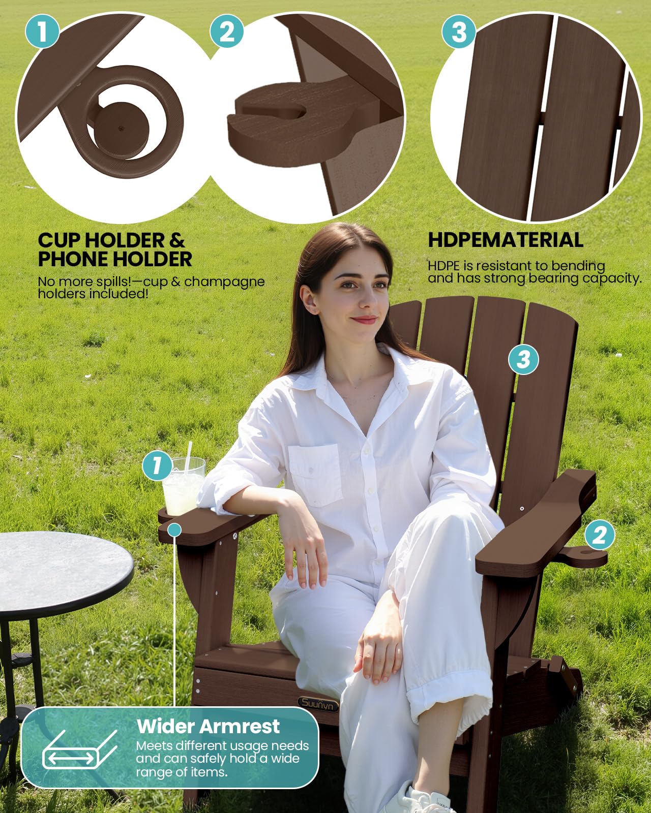 SUUNYN Folding Adirondack Chair, HDPE Adirondack Chairs with 2 Cup Holder, Plastic All-Weather Fire Pit Chairs, Outdoor Lawn Chair for Patio Garden (Brown)