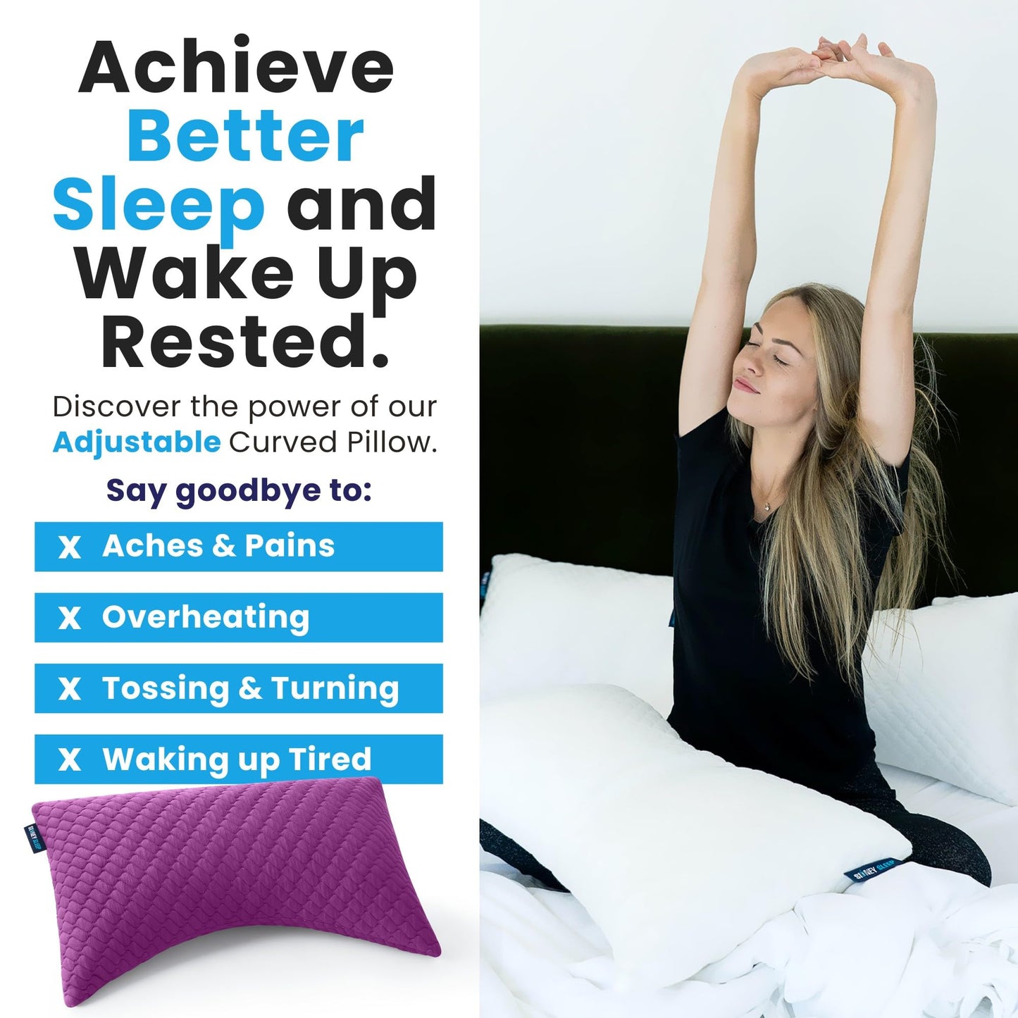 Sidney Sleep Adjustable Curved Pillows for Neck and Shoulder Support with Extra Shredded Fill - Cervical Contour Pillow for Side and Back Sleepers. Queen Size 19" x 29" CertiPUR-US Certified (Magenta)