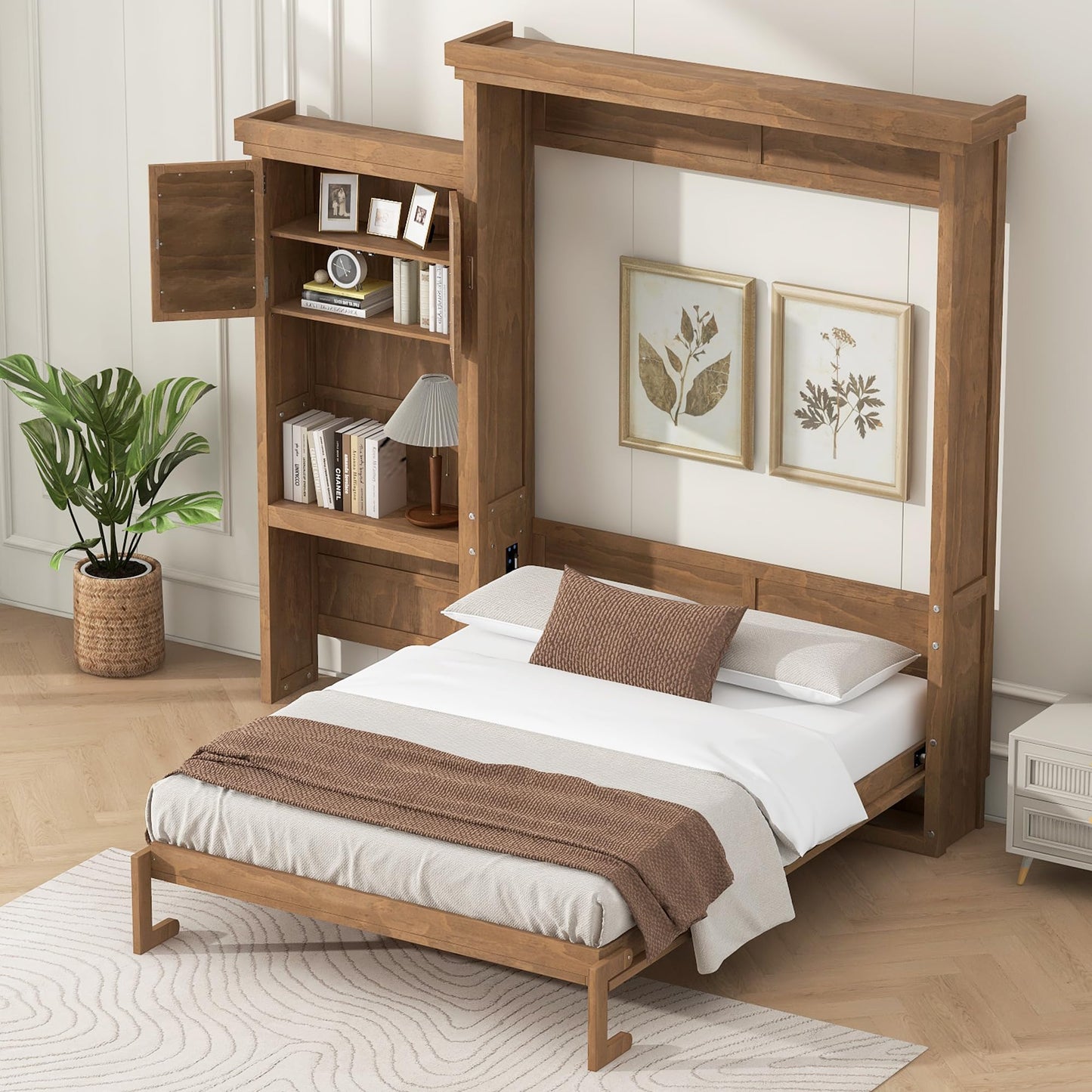 HECATEVIC Murphy Bed with Bookshelf, Wall Bed Cabinet with Storage Shelves, Space Saving Solid Wood Foldable Bed Frame, Queen Size, Burlywood