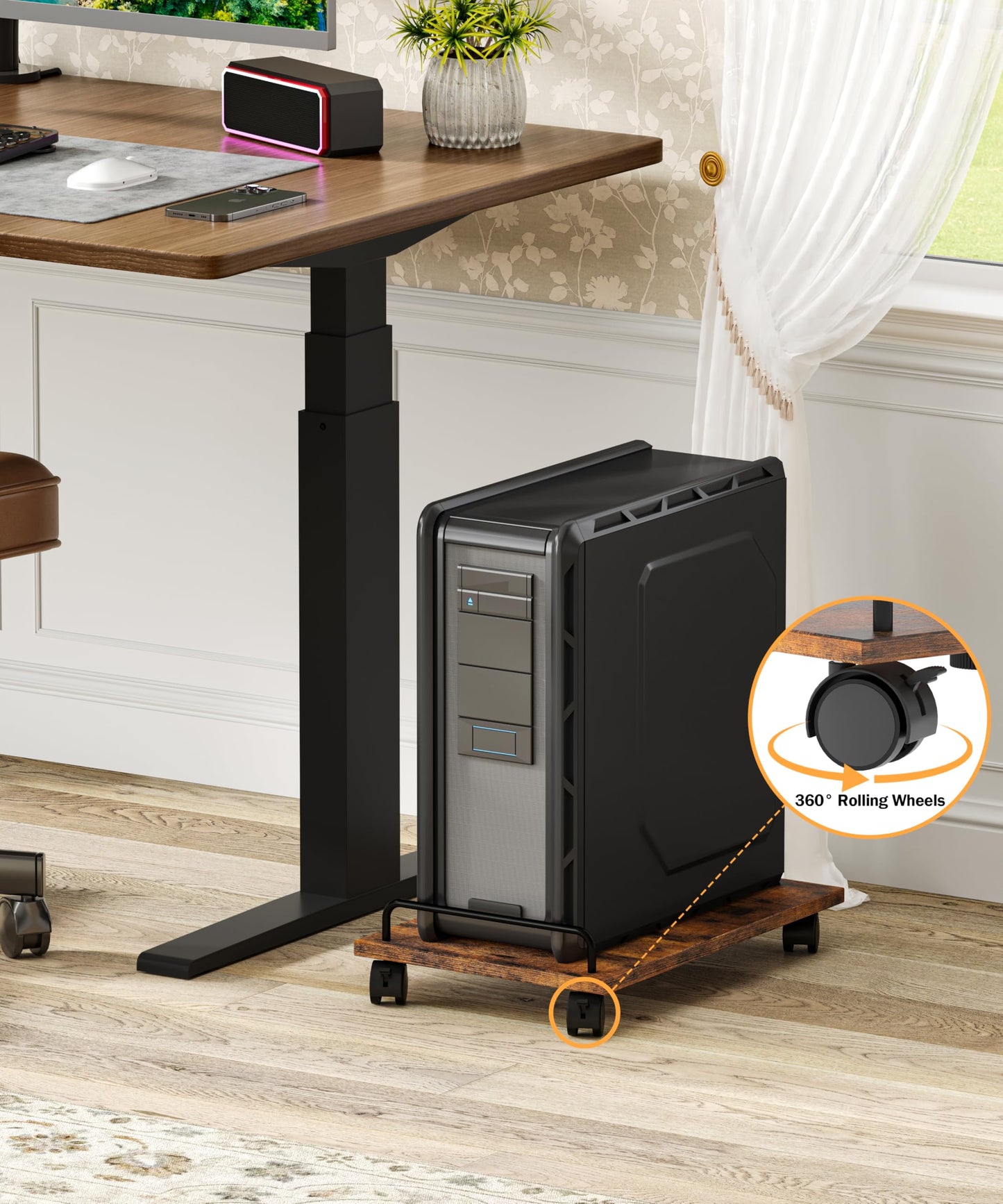 Akxomel Mobile CPU Stand, Computer Tower Stand with 4 Caster Wheels, Under Desk PC Cart for Floor, Industrial PC Tower Holder for Carpet, for Office, Rustic Brown