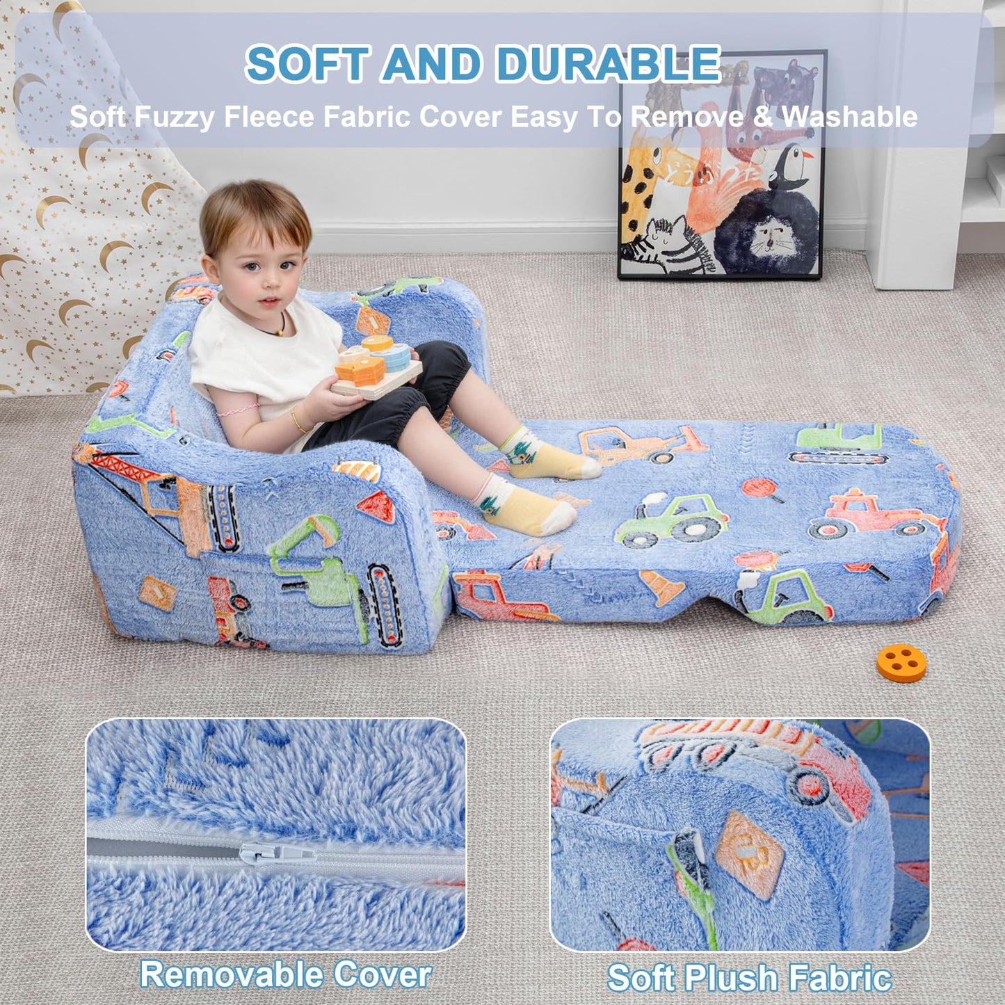 Airpanda Comfy Kids Chair and Couch with Blanket,2-in-1 Soft Fold Out Couch for Girls and Boys,Convertible Sofa Chair for Playroom,Car Excavator
