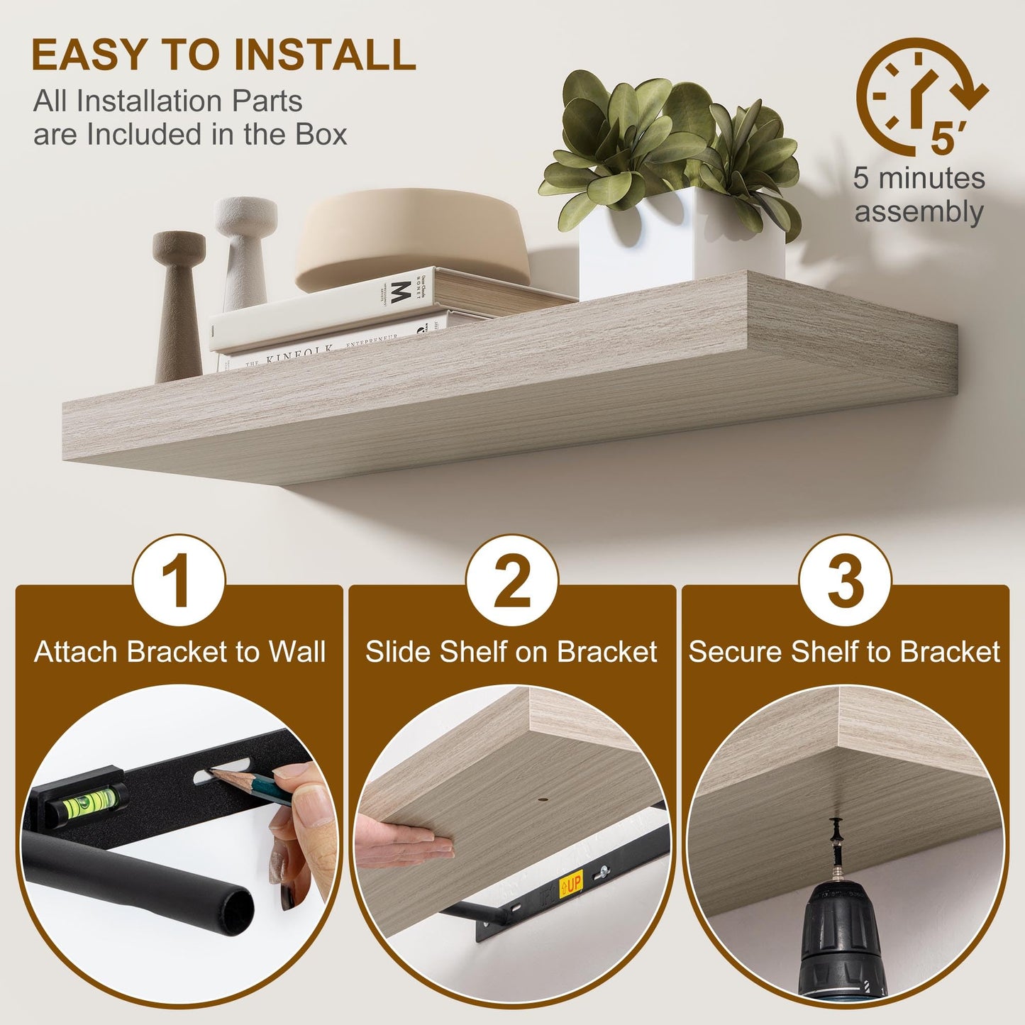 Fun Memories Floating Shelves for Wall, 20 Inch Floating Shelves Set of 2, Hanging Shelf with Invisible Brackets, Wood Shelves for Living Room, Bedroom, Kitchen, Grey