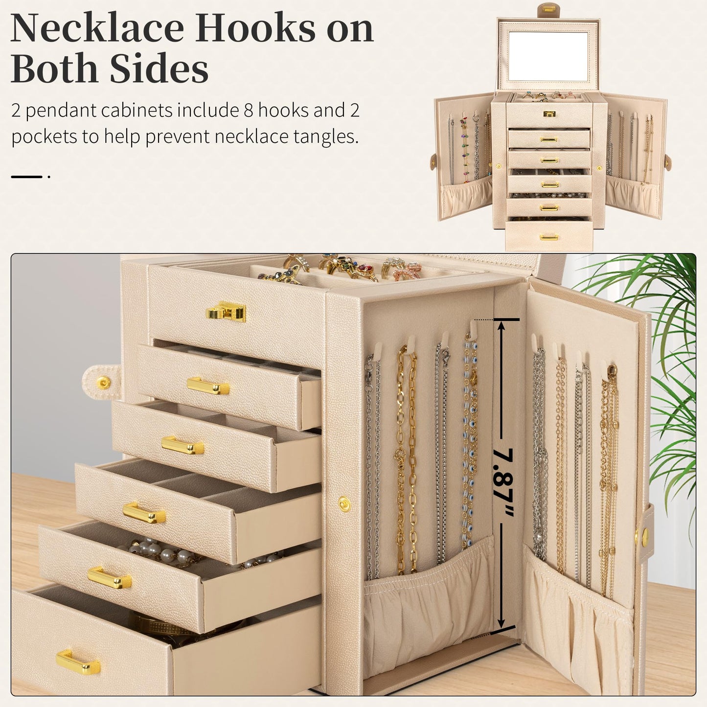 AKOZLIN 6-Tier Jewelry Box Organizer Functional 5 Drawers Leather Jewelry Storage Case for Women Girls Ring Necklace Earring Bracelet Holder Organizer with Mirror Champagne Regular