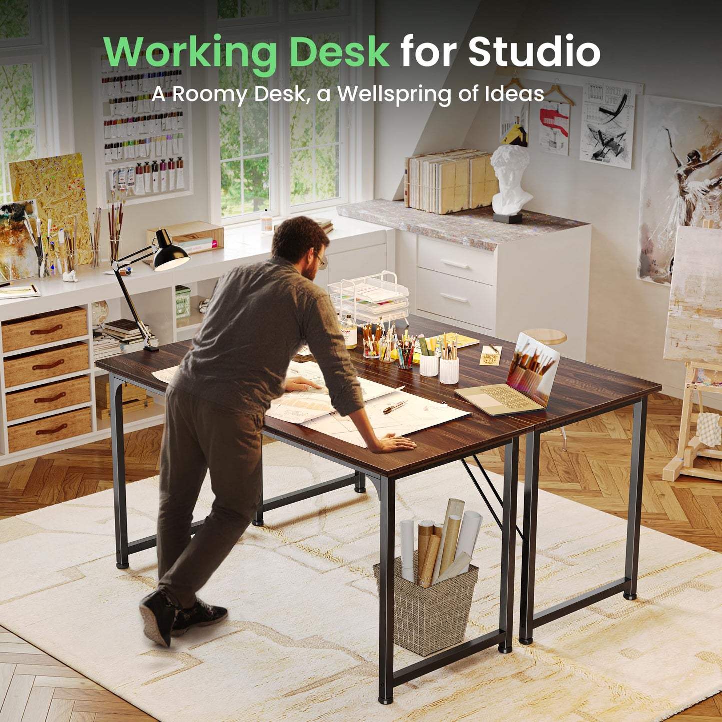 Huuger Computer Desk, 54 Inch Office Desk, Gaming Desk with Storage, Writing Desk Work Desk for Home Office, Study, Modern Simple Desk, Large Legroom, Metal Frame, Walnut