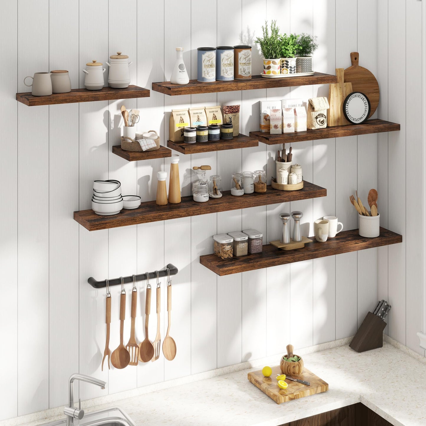 32 Inch Floating Shelves for Wall Set of 2, 8"D Wood Grain Bathroom Shelves with Invisible Brackets, Easy Install Engineered Wood Storage Shelves for Kitchen, Living Room, Bedroom, Rustic Brown Finish