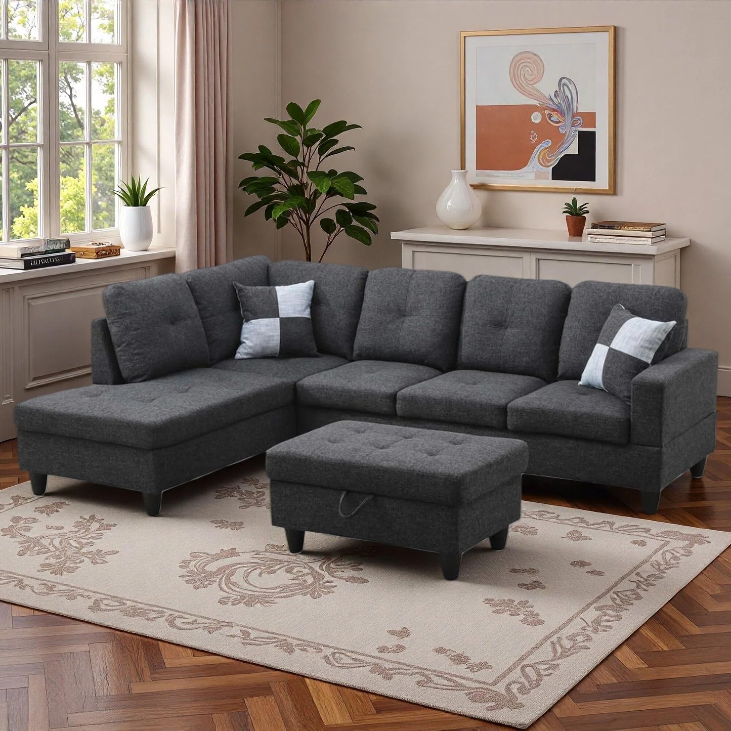 Trygoal 103.5" Sectional Couches for Living Room, Leather 4 Seat L Shaped Couch with Chaise, 3-Piece Modular Sofa with Storage Ottoman, Home Furniture Sets for Apartment Office, Black Grey