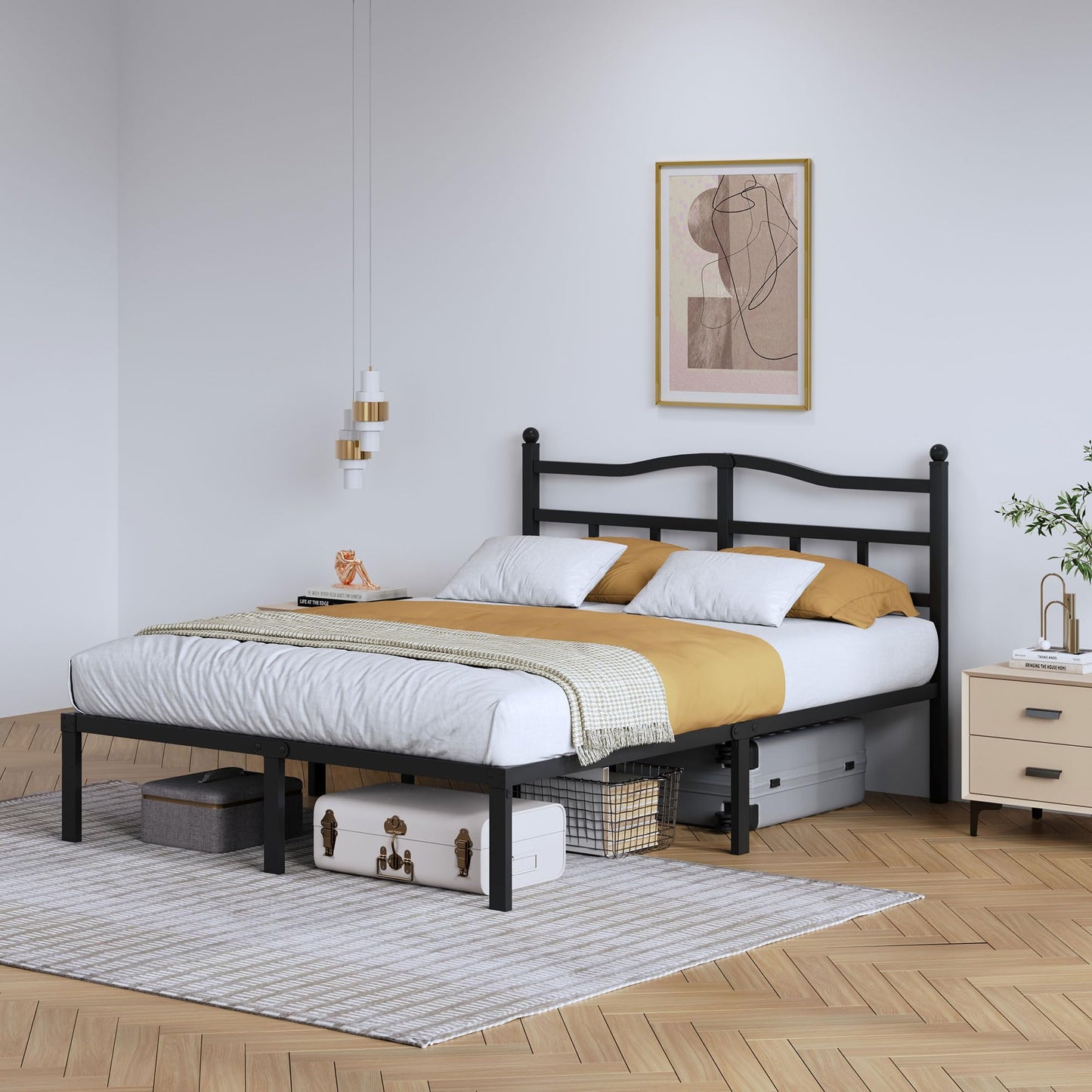 SHOANED 14 Inch Metal Bed Frame - Full Size Heavy Duty Bedframe with Headboard Black Basic Steel Slats Platform No Box Spring Needed/Easy Assembly/Noise Free