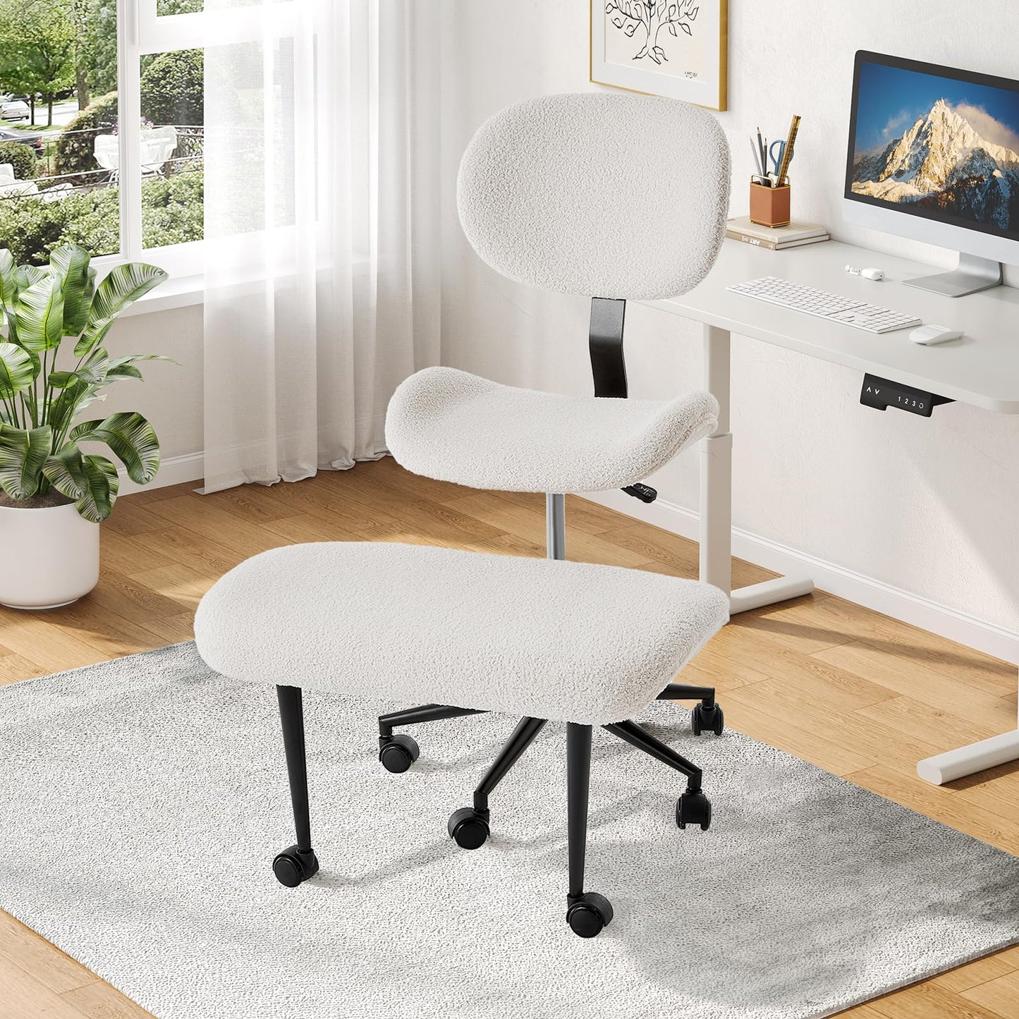 Cross Legged Office Chair with Wheels for ADHD, Ergonomic 360° Swivel Height-Adjustable Meditation Chair for Yoga, Wide Kneeling Chair with Strong Lumbar Support, Teddy Fabric, Off White