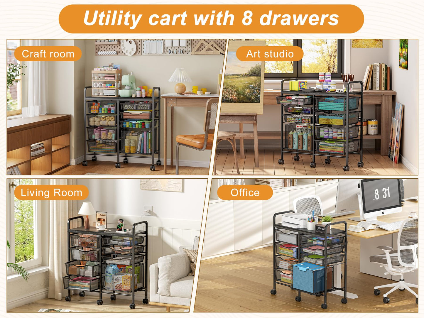 Aokitsink Rolling Cart with Drawers,8-Drawer Storage Cart with Wooden Tabletop and Lockable Wheels,Craft Storage & Art Supply Organizer,Letter-Size File Drawer for Classroom, Office & Home