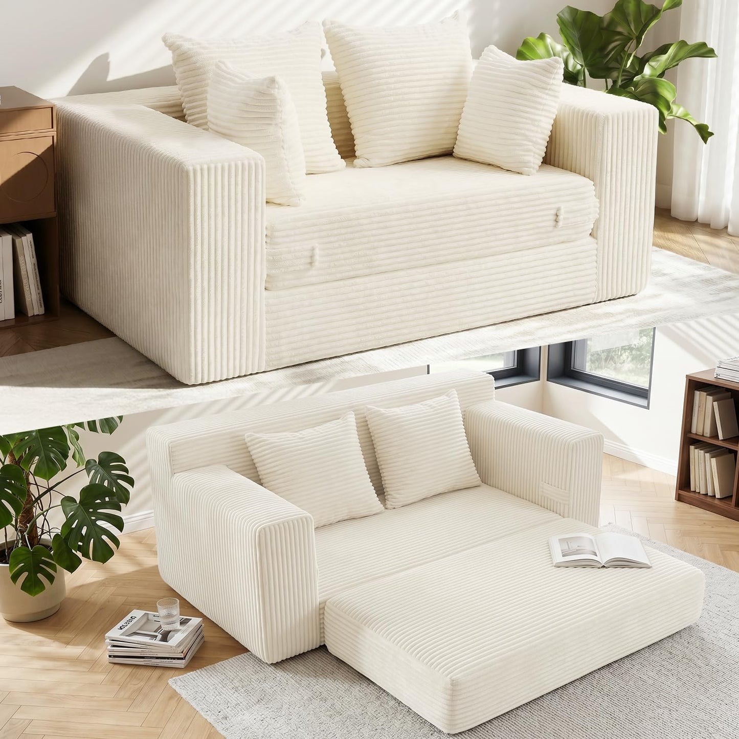 AOLVDOW Convertible Sofa Bed, 5 in 1 Small Boneless Couch Pull Out Loveseat Sleeper Sofa,Corduroy Futon Couch Folding Mattress with 4 Pillows for Living Room