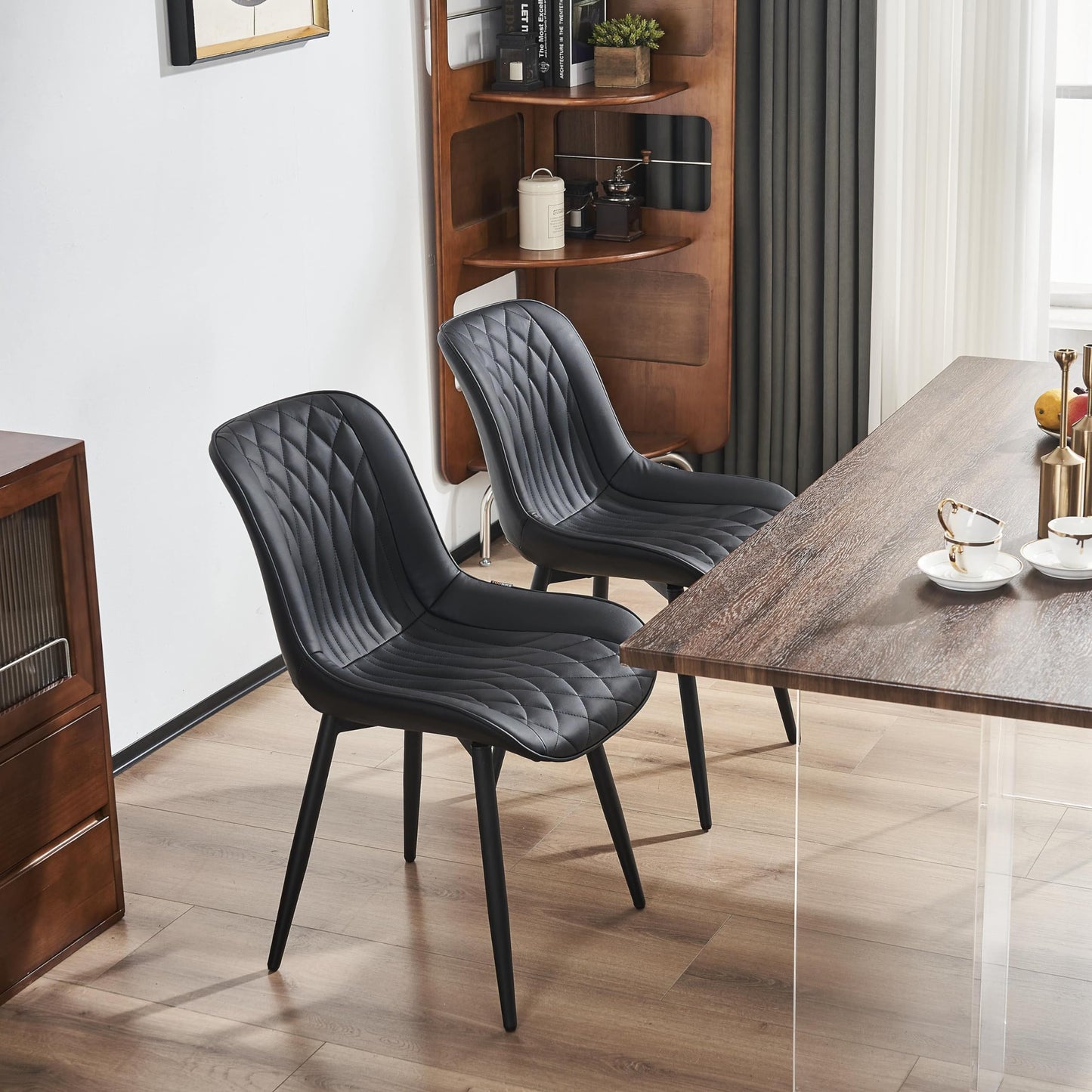 YOUNIKE Black Faux Leather Dining Chairs Set of 2 Mid-Century Modern High Padded Back Comfy Upholstered Kitchen Chairs with Metal Legs Wide Seat Accent Side Chair for Dining/Living/Waiting Room