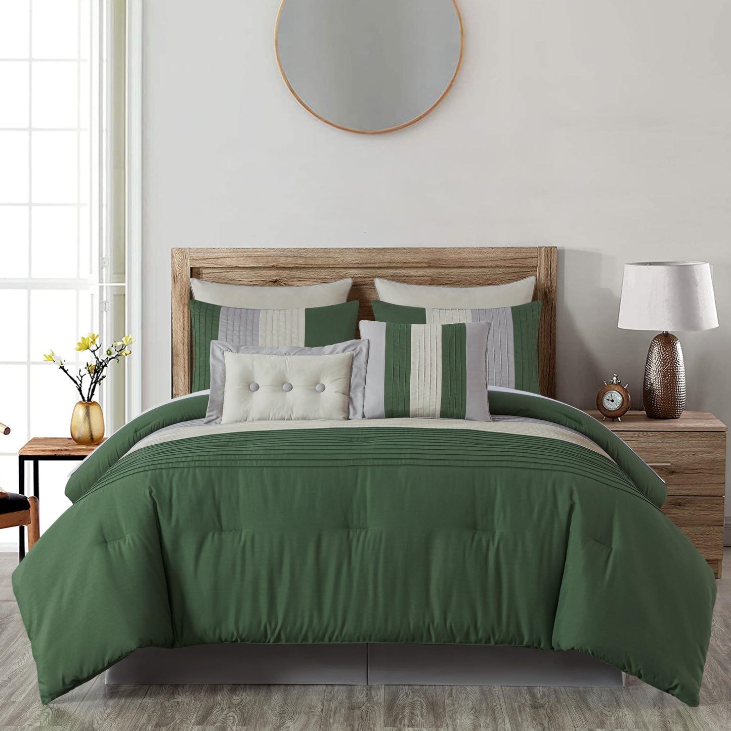 Chezmoi Collection Loft 8-Piece Oversized King Comforter Set, Forest Green/Gray/Cream Luxury Striped Bedding for All Season