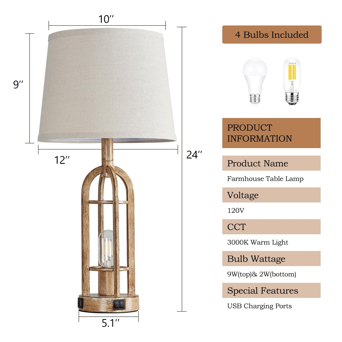 SRJJA Table Lamps for Living Room End Table Set of 2 - Rustic Farmhouse Bedside Lamps for Bedroom Nightstand with Nightlight and USB A+C, 4 Bulbs Included