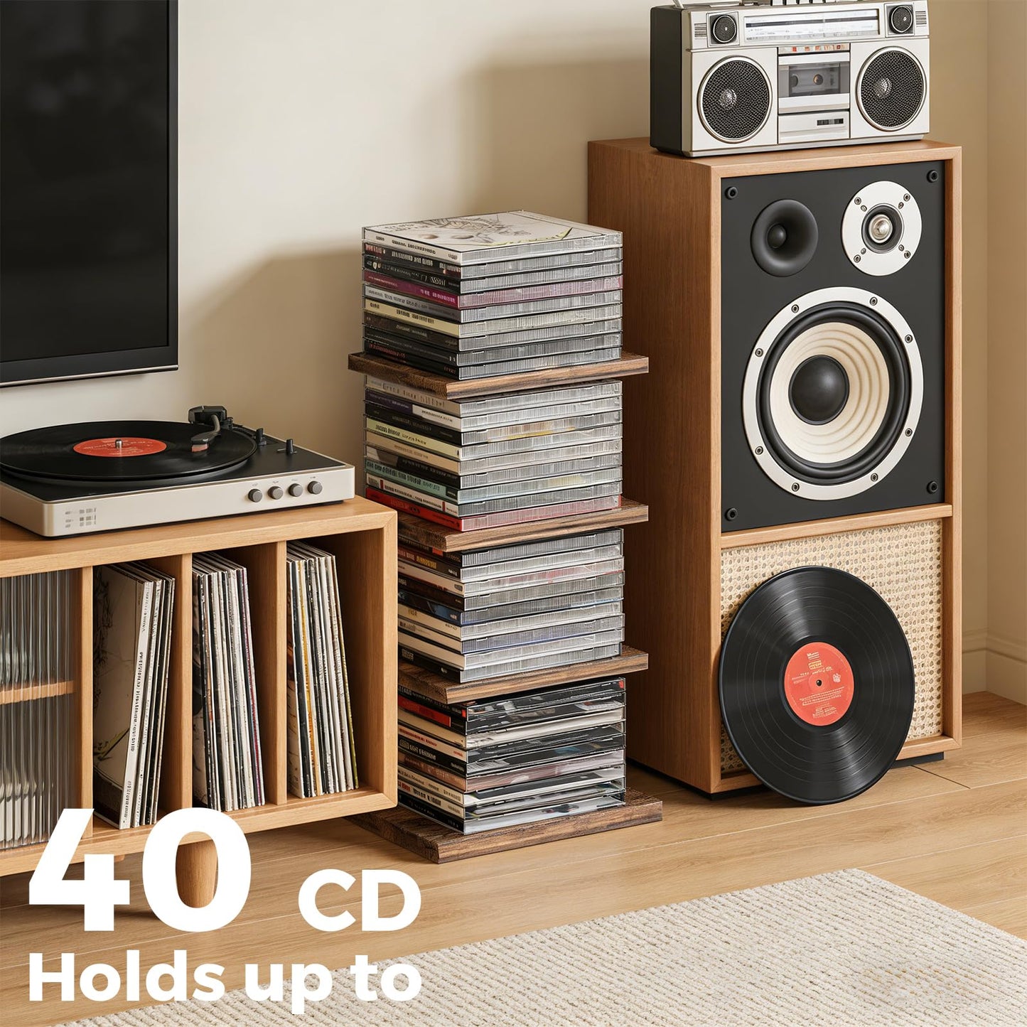 DEMEGA 4-Tier Solid Wood & Matte Black Iron CD DVD Storage Rack & Holder with Top Carry Ring, Space-Saving Vertical Organizer for Desktop, Bookshelf, Home Theater, Holds up to 40 CD Cases