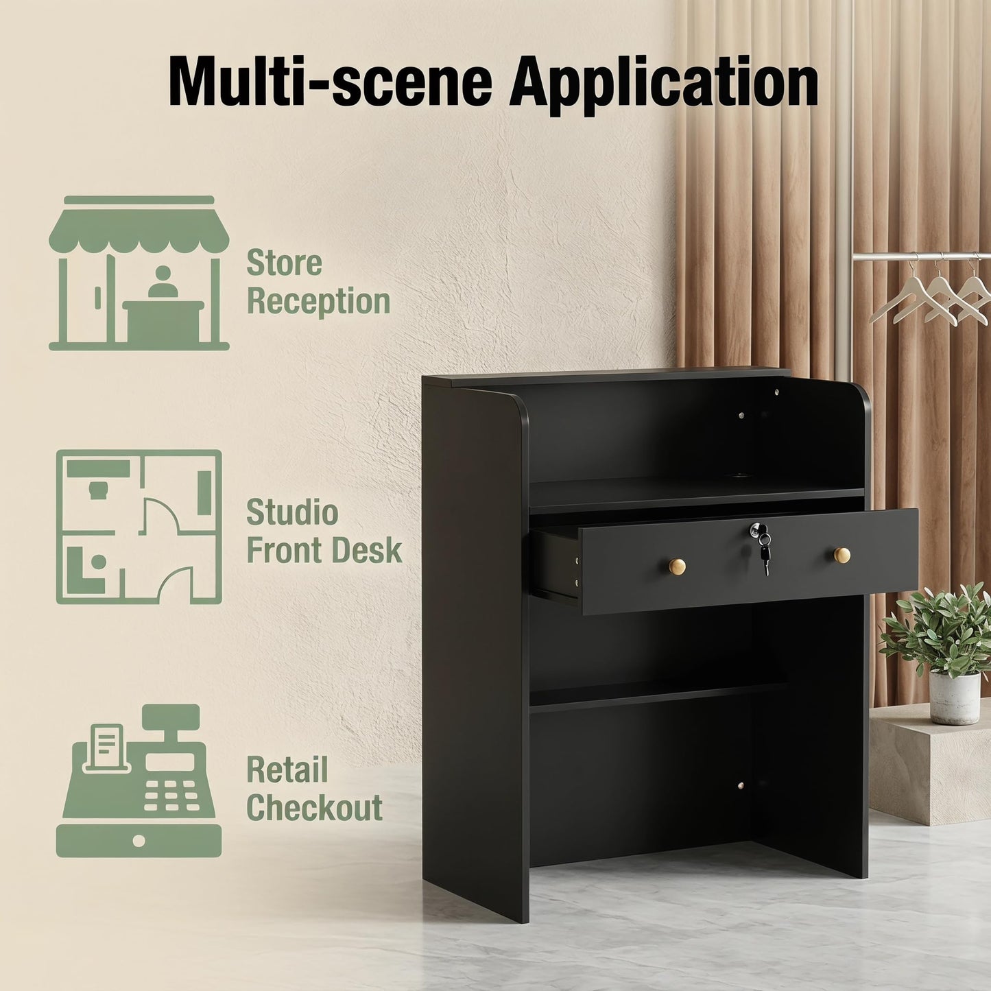 wupeiaoo Reception Desk with Counter, Modern Black Reception Desk with Drawers, Front Retail Counter for Checkout, Lobby, Beauty Salon, Home Office