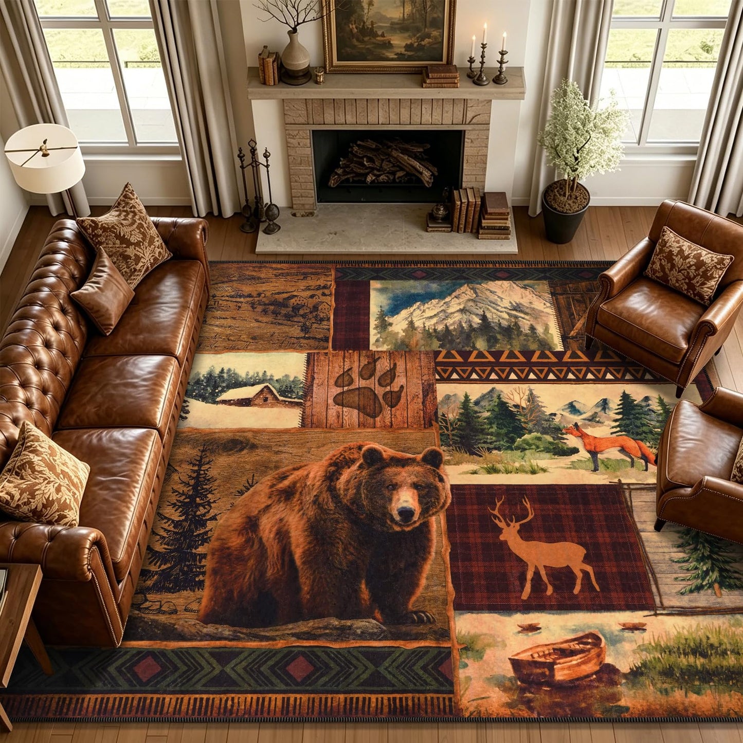 ASPMIZ Extra Large Rustic Area Rugs 8x10 Non-Slip Washable — Buffalo Plaid Log Cabin Bear Deer Fox Design, Vintage Soft Faux Wool Carpet Rugs for Living Room Dining Room