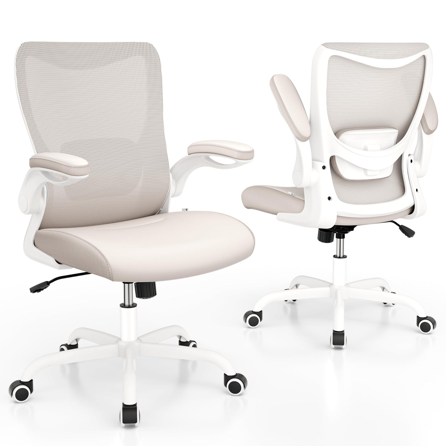 MUXX.STIL Office Chair, PU Leather Ergonomic Desk Chair with Adjustable Lumbar Support and Flip up Armrest, Breathable Mesh Computer Chair for Home Office, Khaki