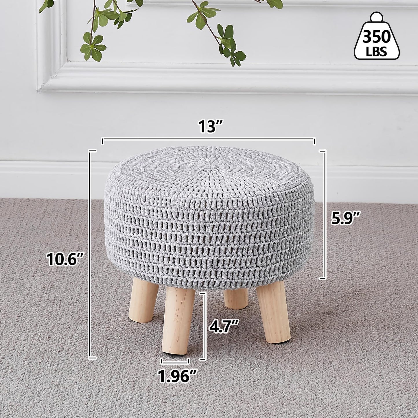 Wimarsbon Small Ottomans, 100% Hand Knitted Pouf Ottoman, Round Footrest with 4 Non-Skid Wood Legs, Boho Décor Cotton Rope Pouffe Beside Sofa, Leisure Floor Step Chair for Living Room (Grey)