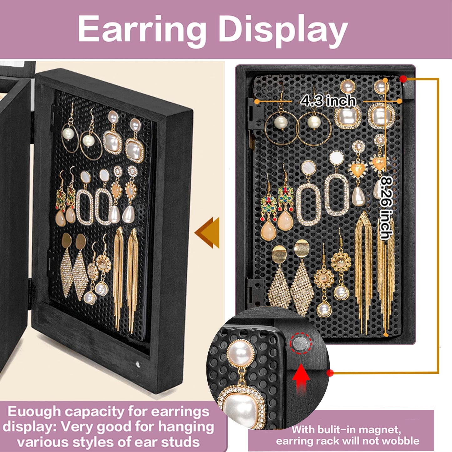Meangood Jewelry Box Wood for Women, 5-Layer Large Organizer Box with Mirror & 4 Drawers for Rings, Earrings, Necklaces, Black