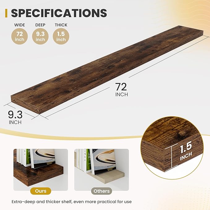 Acovy 72 Inch Floating Shelves, 9.3" Deep Floating Shelf Wall Mounted, Rustic
