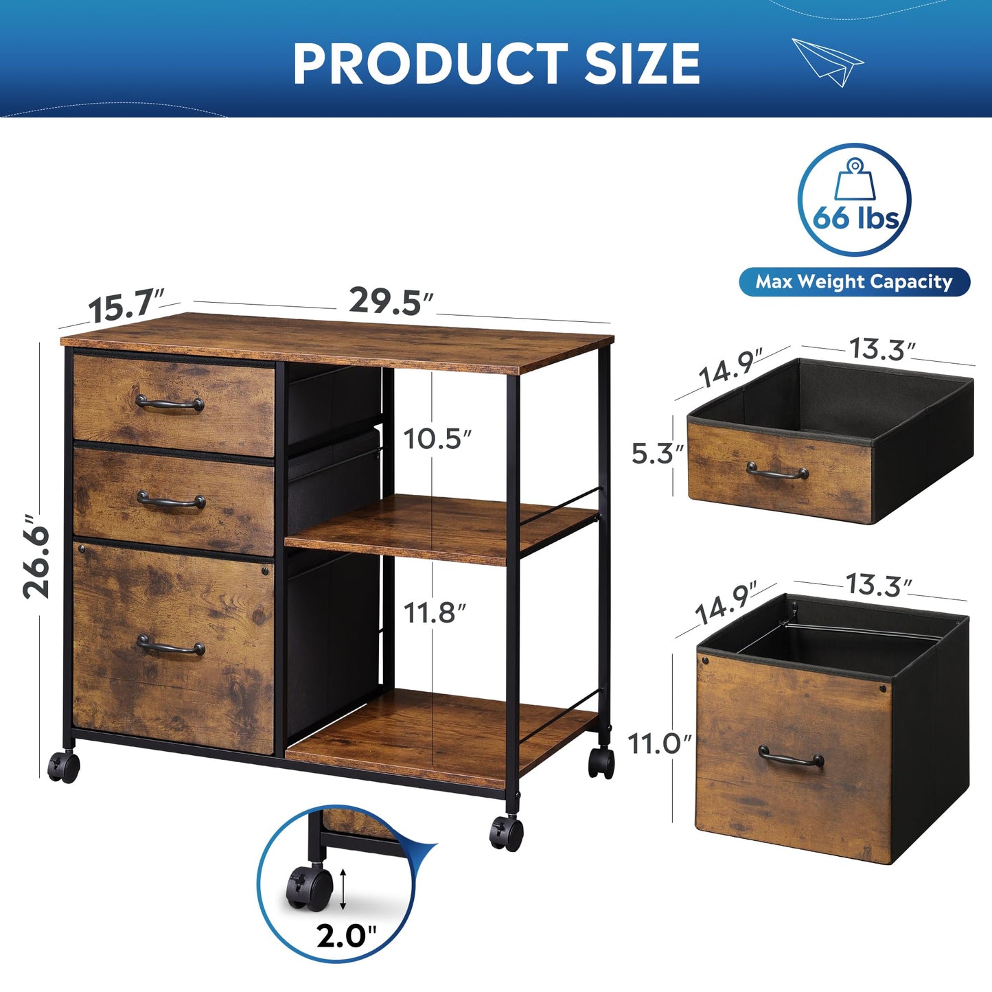 DEVAISE 3 Drawer Mobile File Cabinet, Rolling Printer Stand with Open Storage Shelf, Fabric Lateral Filing Cabinet fits A4 or Letter Size for Home Office, Rustic Brown Wood Grain Print