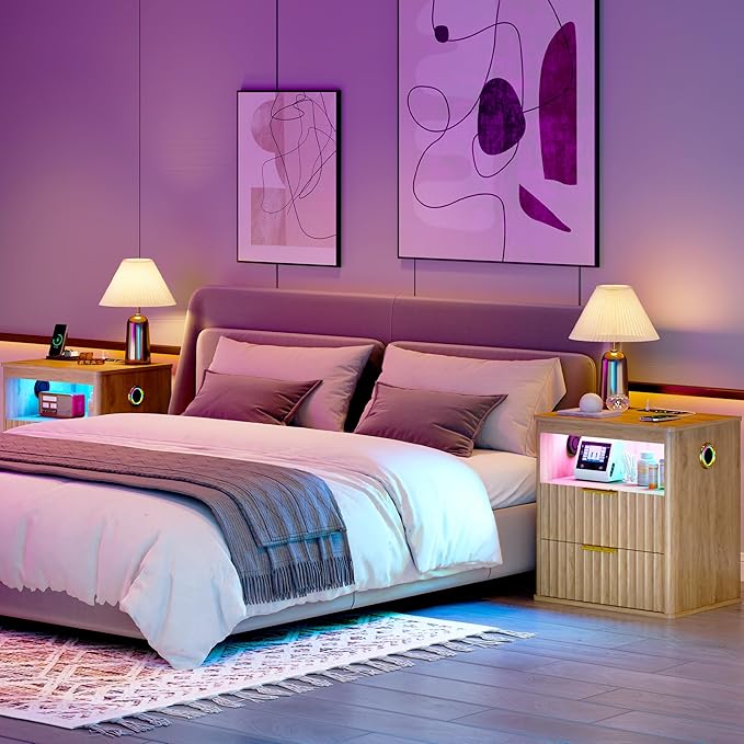 WOOVIVS Modern NightStand with Smart Human Sensor Lights, Bedside Table