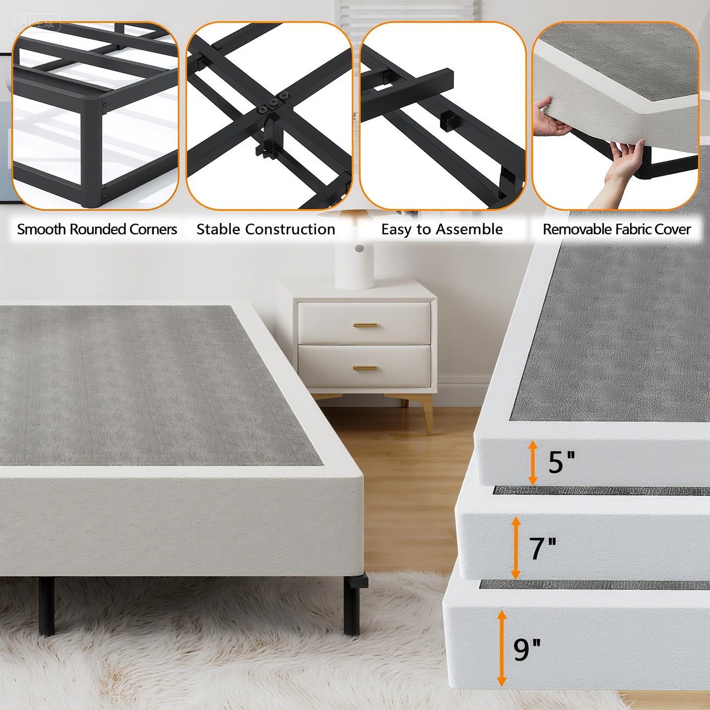 Snaye Full Size Box Spring Bed Base 9 Inch, 3000lbs Heavy Duty Box Spring Full Metal Mattress Foundation with Fabric Cover, Tool-Free Easy Assembly, Noise Free