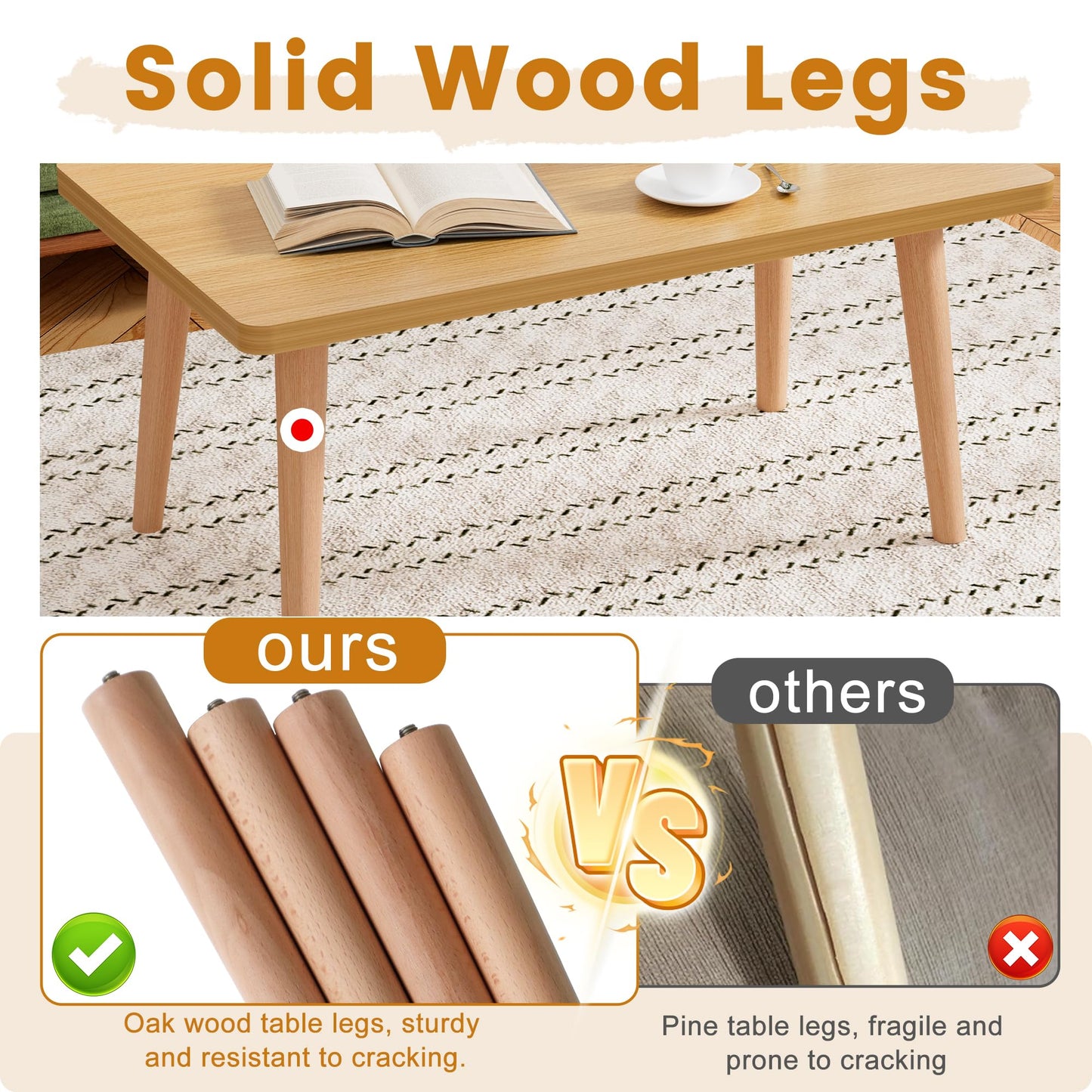 Coffee Table Low Table with 4 Solid Wood Leg, Floor Table Desk for Sitting on The Floor, Small Coffee Table for Small Space, Japanese Side Table for Living Room Apartment Home, Rectangle Brown