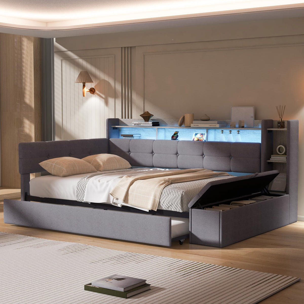 Merax Full Size Upholstered Daybed with Trundle and Storage Drawer, Headboard with Light, Shelves, USB Charging Station, Multi-Functional Bed for Guest Room, Living Room, No Box Spring Needed, Gray