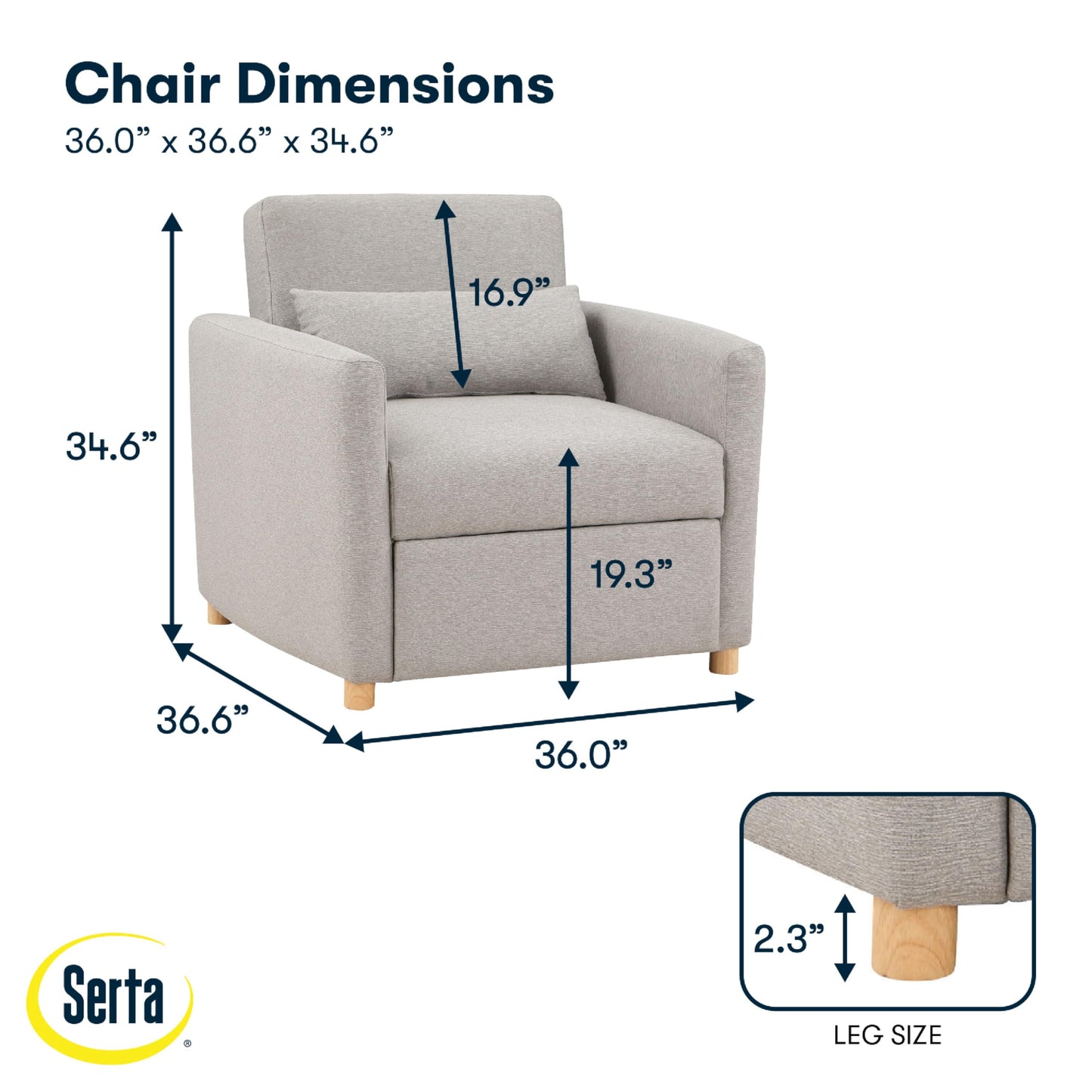 Serta® Corwin 36" Convertible Accent Chair, Dreamcoil® Comfort, FingerGuard® Pinch Point Protection, Woven Polyester Fabric, Light Gray
