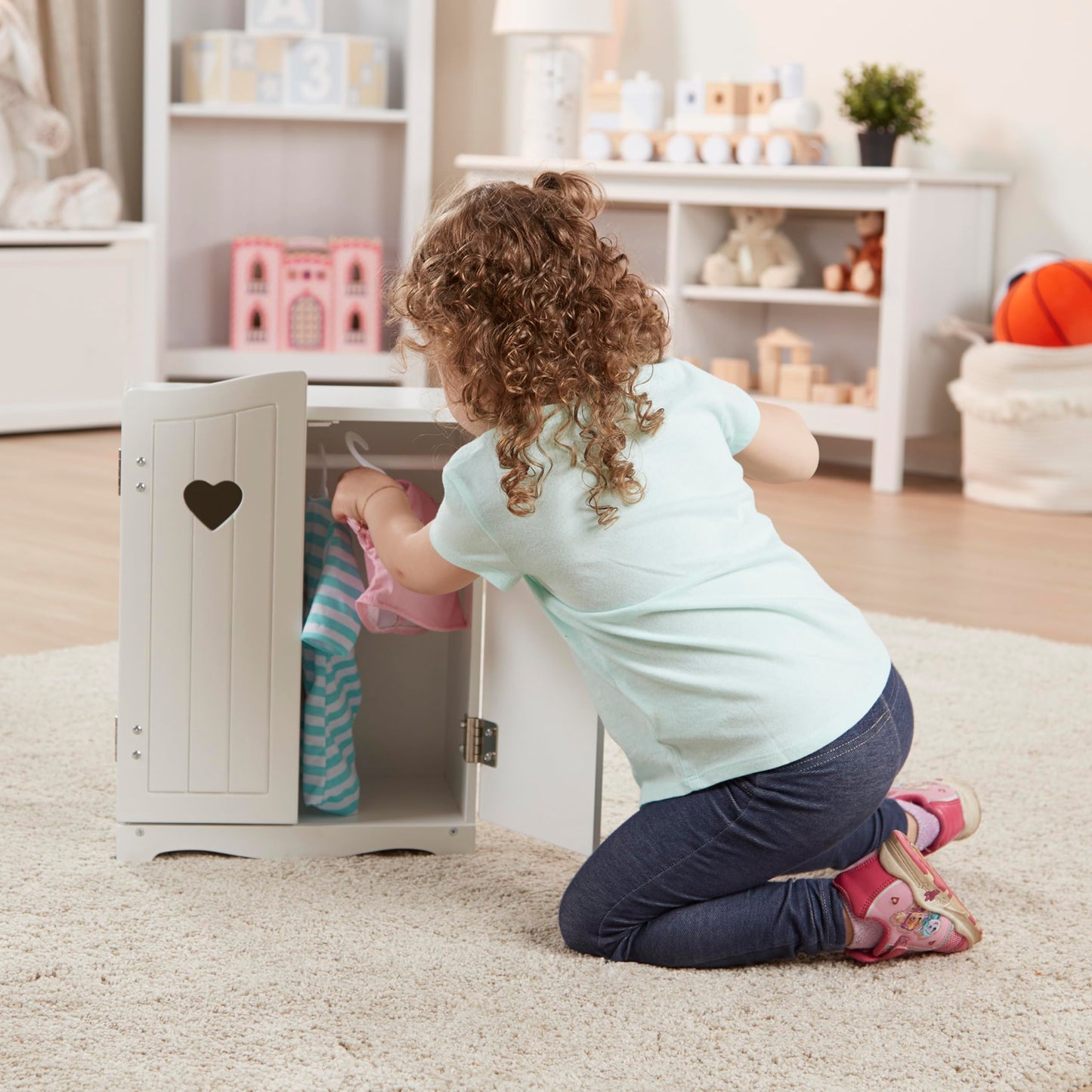 Melissa & Doug Mine to Love Wooden Play Armoire Closet for Dolls, Stuffed Animals - White (17.3”H x 12.4”W x 8.5”D Assembled) Wooden Pretend Play Closet, Doll Wardrobe