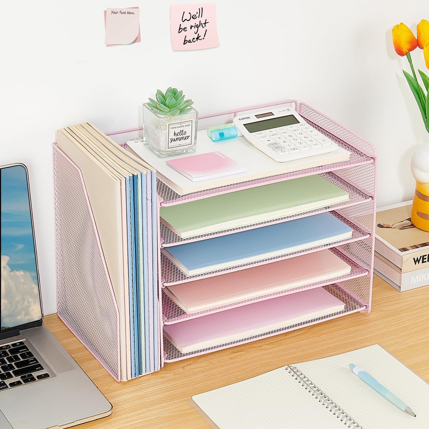 OPNICE Desk Organizer, 5-Tier Paper Organizer Letter Tray with Magazine Holder, Office Desk Accessories & Workspace Organizers, Desktop File Organizer for Office Supplies Storage, Pink