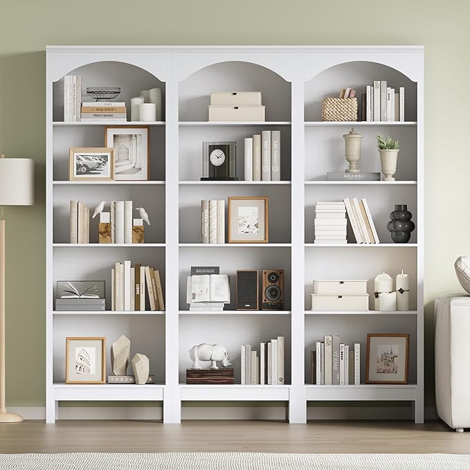 Arched Bookshelf with 5 Tier Open Shelves, Study and Living Room, Modern White