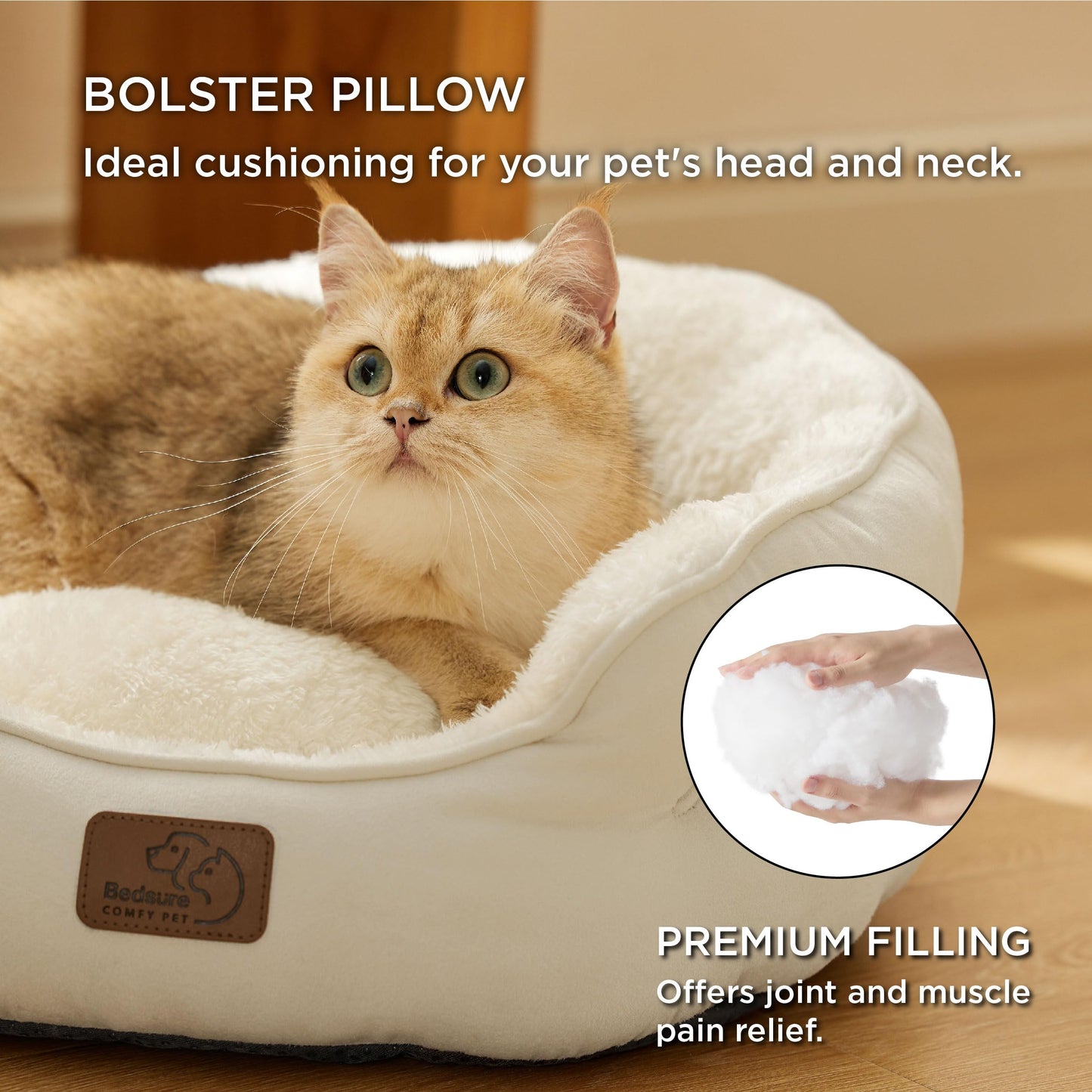 Bedsure Dog Beds for Small Dogs - Round Cat Beds for Indoor Cats, Washable Pet Bed for Puppy and Kitten with Slip-Resistant Bottom, 20 Inche, Ivory