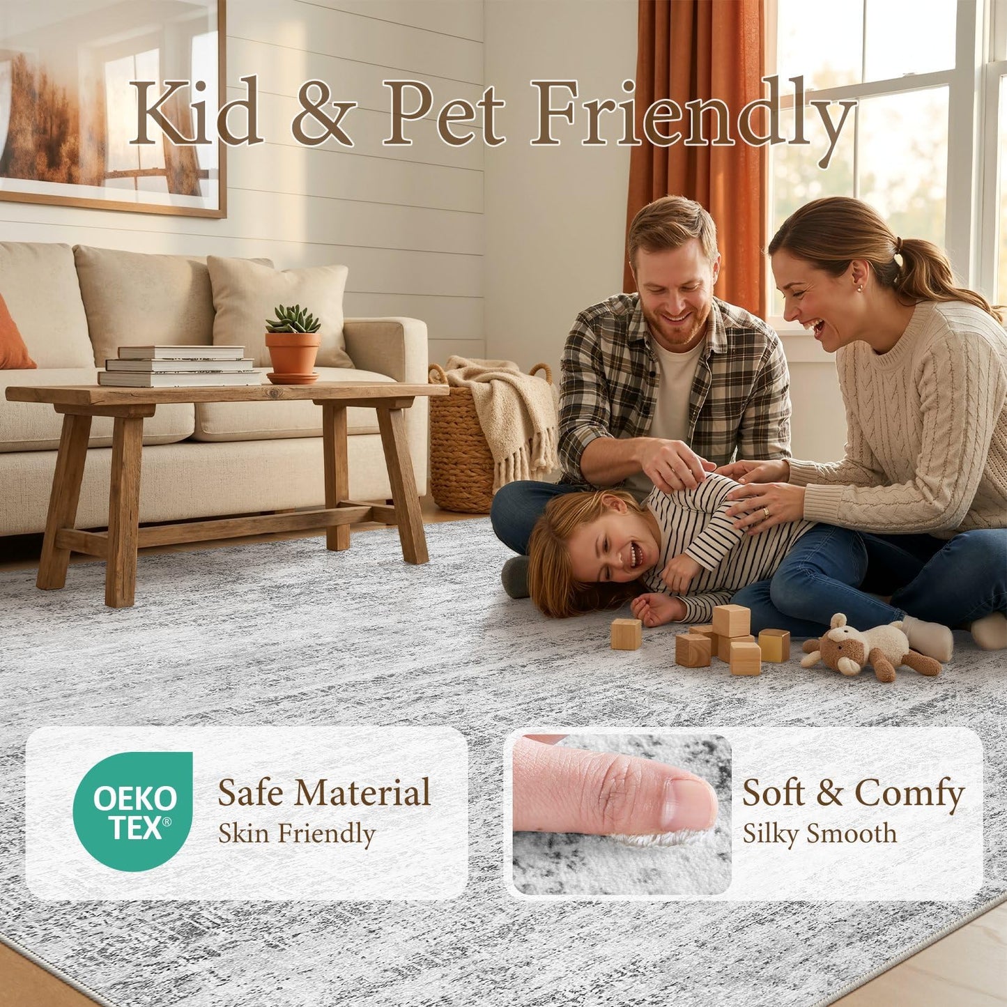 ELLIUNE 5x7 Area Rugs Living Room: Washable Non Slip Soft Abstract Gray Rugs for Bedroom Dining Deor, Low Pile Stain Resistant Indoor Carpet for Farmhouse Nursery Office Kid & Pet Friendly
