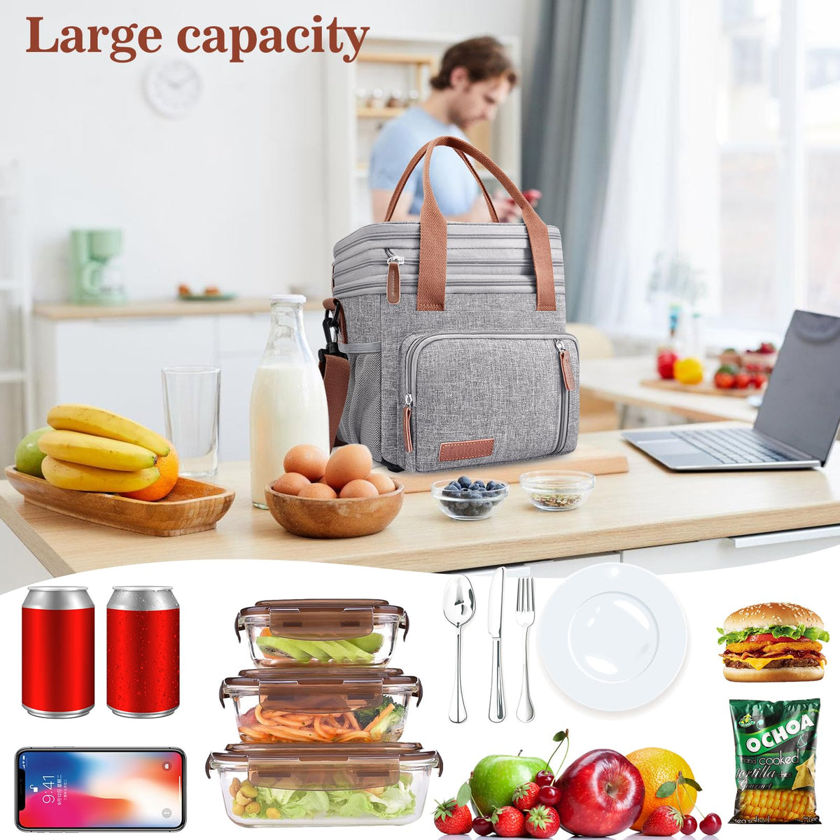 Lunch Box & Lunch Bag for Women Men, Expandable Large Insulated Adult Lunch Bag with Strap, Double Deck Leakproof Lunchbox Durable Cooler Bags for Work Picnic Beach,16L, Gray