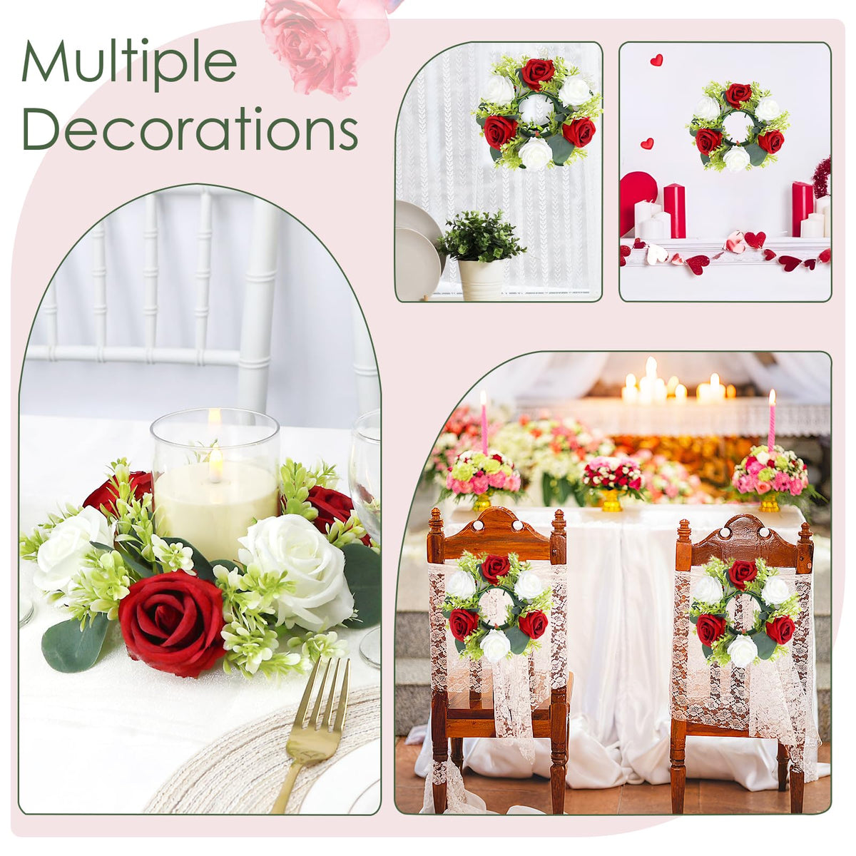 Acmee Crimson Rose Candle Rings with Flameless Candles Sets - 12PCS Artificial Flower Eucalyptus Wedding Centerpiece 3 Inch Pillar Candleholders Wreaths for Wedding Party Decor (Crimson - 6 Sets)