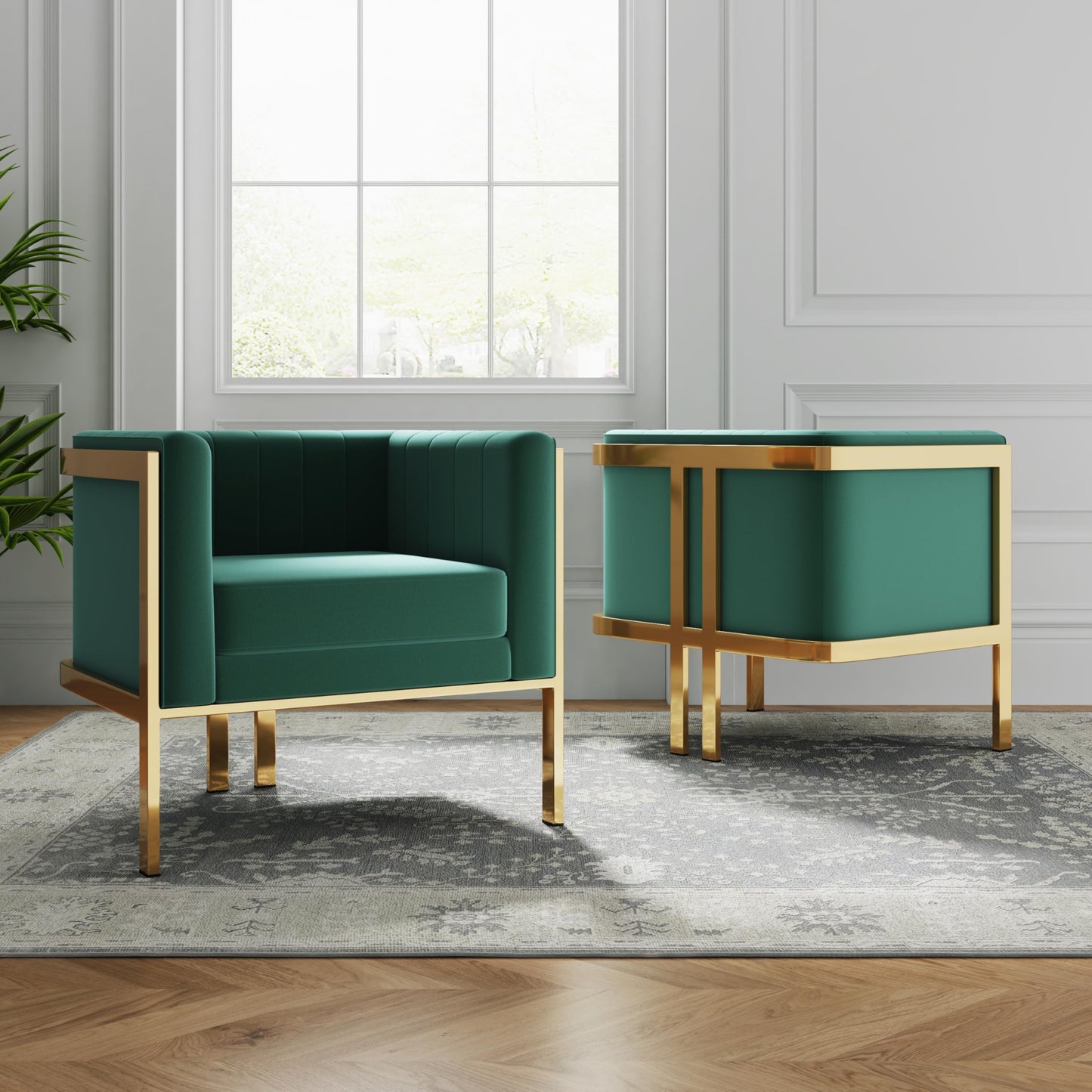 Manhattan Comfort Paramount Velvet Accent Armchair Set of 2, Polished Brass Frame with Geometric Legs, Art Deco Chair, 1920s Glamour, Fully Assembled, Living Room Lounge Seat, Forest Green