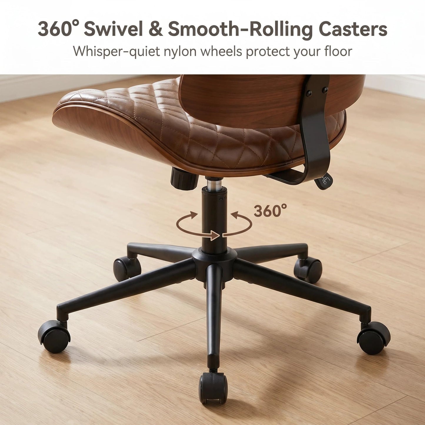 Furnimart Armless Small Desk Chair with Wheels, 360° Swivel Faux Leather Vanity Chair for Bedroom, Compact Home Office Task Chair for Small Spaces, Heavy-Duty Wood Frame(PU Brown)