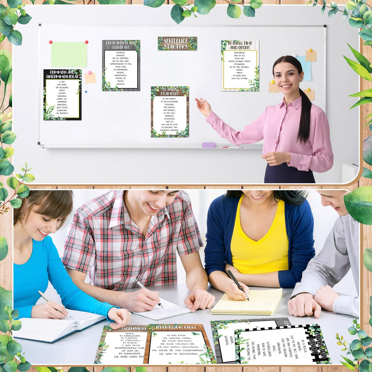 Dunzoom 9 Pieces Sentence Starters Posters Descriptive Vocabulary Classroom Educational Posters English Grammar Chart Bulletin Board Decoration for Middle High School Classroom(Greenery Style)