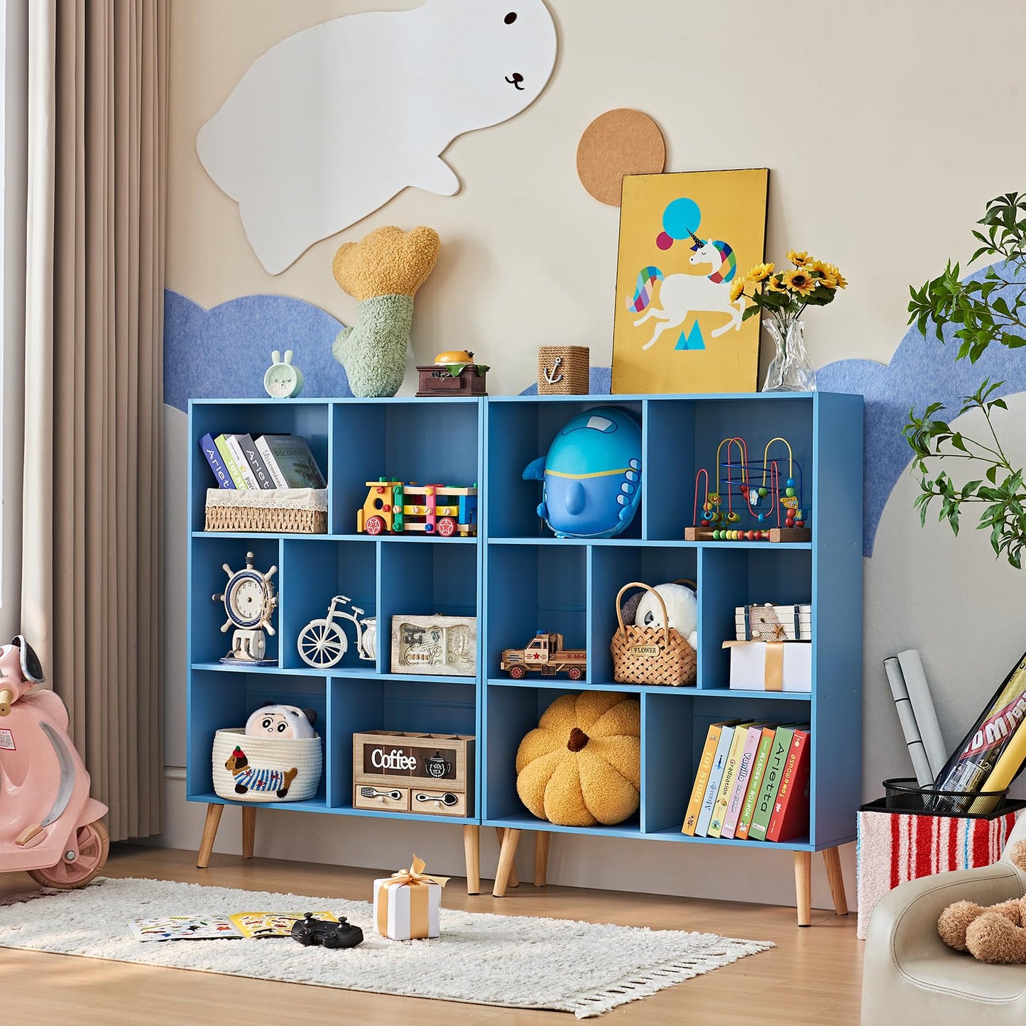 LEYAOYAO Cube Bookshelf 3 Tier Mid-Century Blue Modern Bookcase with Legs,Retro Wood Bookshelves Storage Organizer Shelf,Freestanding Open Book Shelves for Bedroom,Living Room,Office