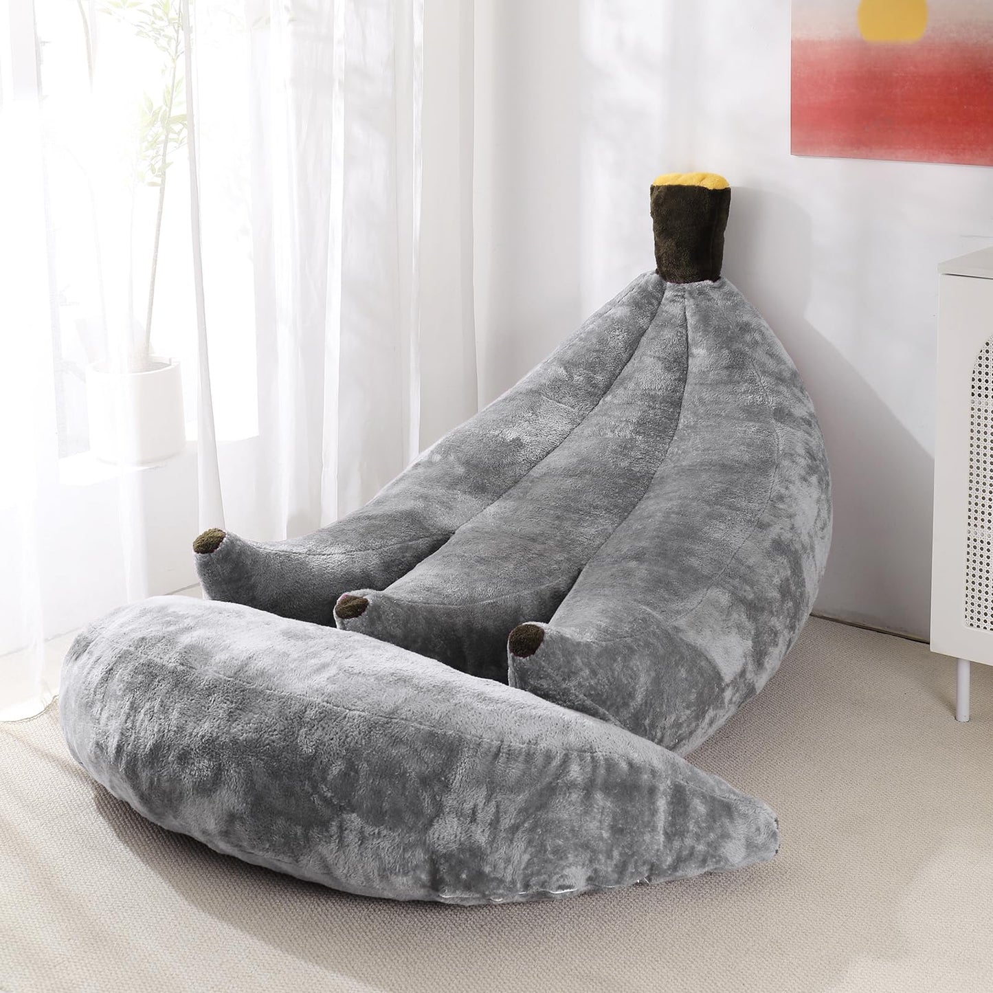IEVENW Banana Bean Bag Chair with Ottoman, Floor Sofa Bed with Footrest, Comfy Convertible Lounger for Adults, Plush Couch for Bedroom, Living Room or Dorm, L-Grey