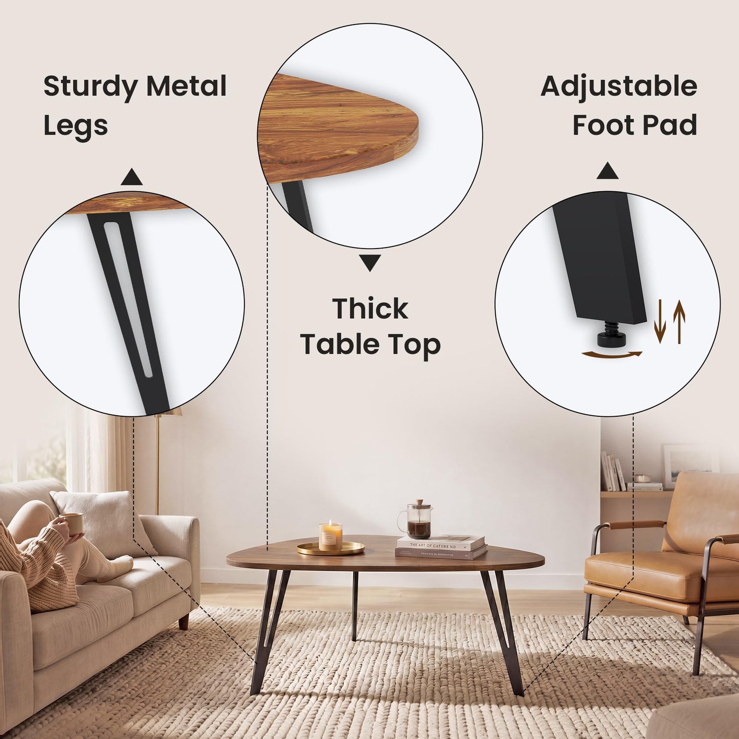 MWOOD Triangle Coffee Table, 33.5″‌Industial Center Table with Brown Top Surface&Black Metal Leg, Waterproof Dining Table for Living Room, Apartment (Wine Red&Black)