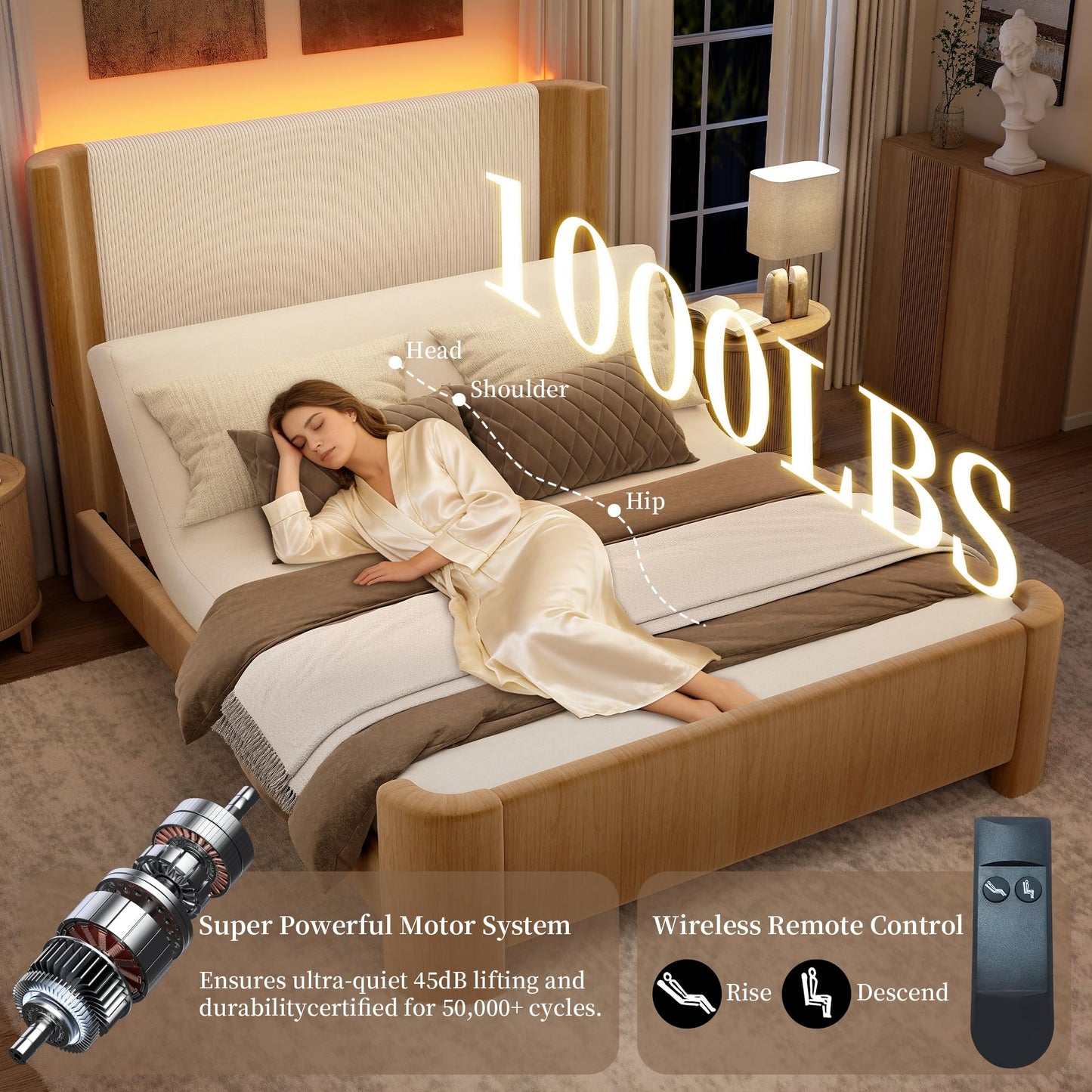 SIBEDS 18" H Full Adjustable Bed Frame with LED Light, Corduroy Headboard, Faux Leather Upholstered Platform Bed Frame, Dark Brown Oak Wood Grain Printed Finish, Zero Noise Quiet Motor, Head Incline