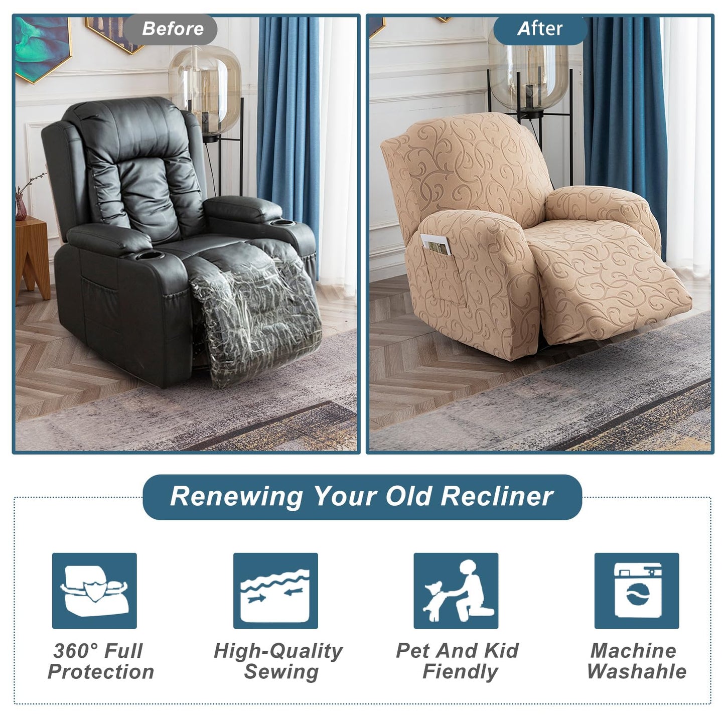 YUEANG 4 Pieces Recliner Cover Stretch Sofa Slipcover, Sofa Couch Cover for Reclining Couch 1 Seat, Washable Furniture Protector with Elastic Bottom for Kids, Dog