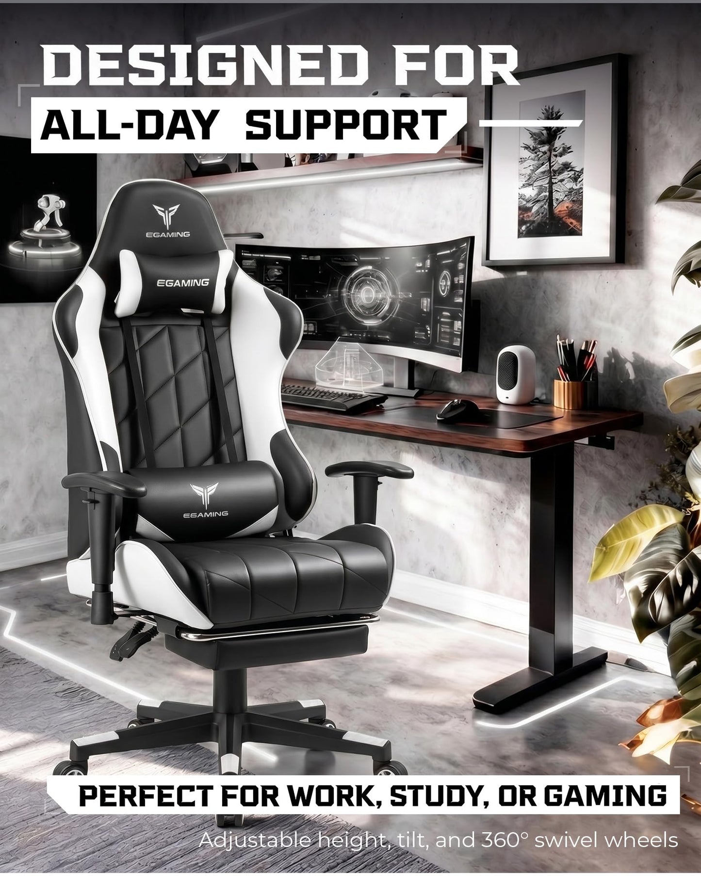 Gaming Chair, Big and Tall Video Game Chair with High Back PU Leather, Home Office Ergonomic Computer Chair with Footrest, Adjustable Height, 360° Swivel Wheels for Adults and Teens (White)