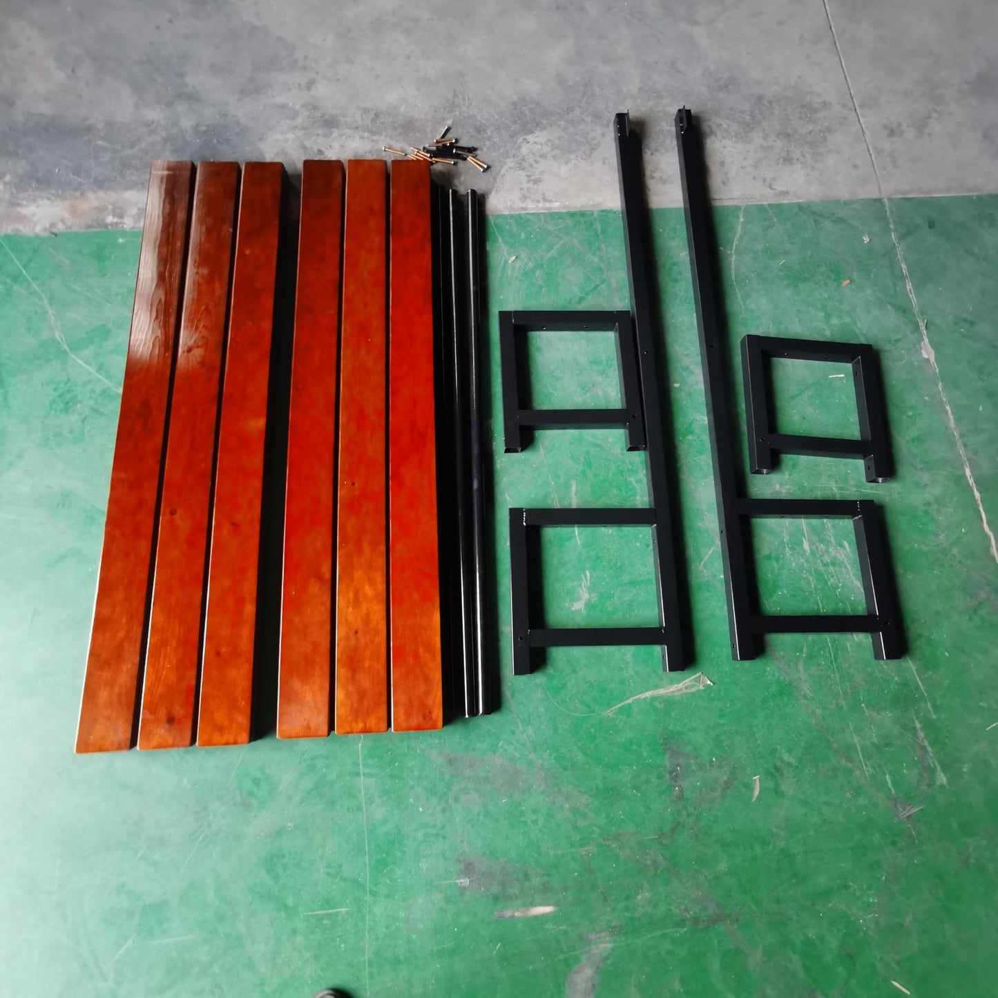 Industrial Locker Room Bench with Storage Rack, Double-Sided Wood Slat Seating, Black Metal Frame