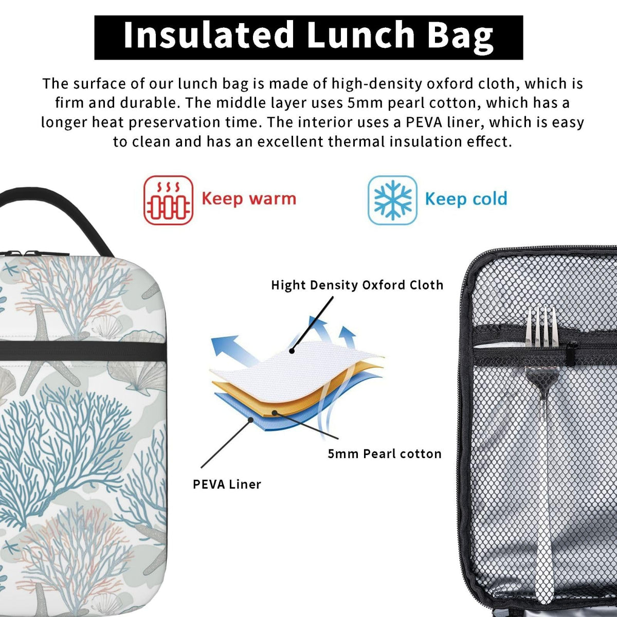 VANZEV Nautical Coastal Lunch Box for Adults Women Girls Boys Kids Starfish Seashell Coral Beach Lunch Box Insulated Cooler Reusable Lunch Bag Container Gifts for Work Office Picnic Travel School