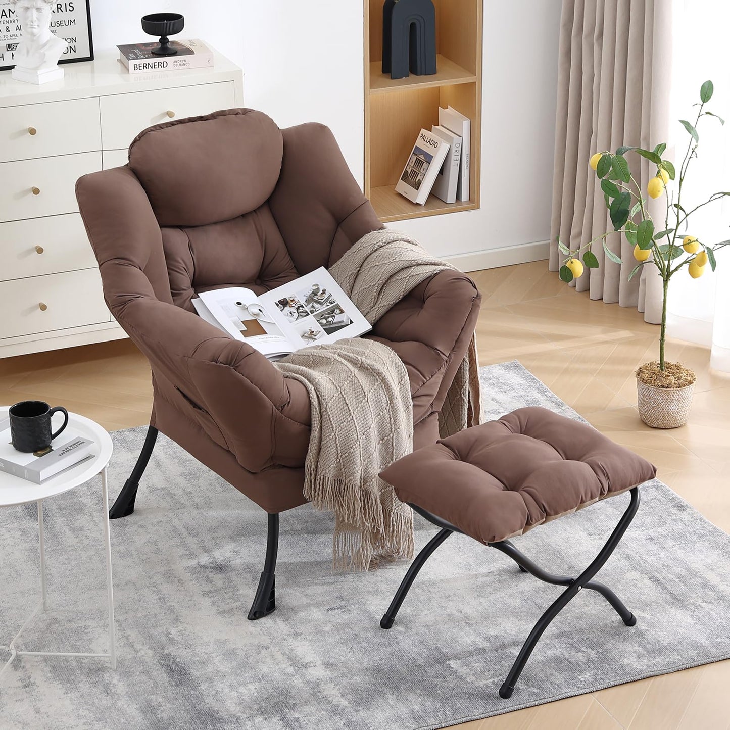 LITA Lazy Chair with Ottoman, Modern Accent Leisure Upholstered Sofa Chair, Contemporary Lounge Reading Chairs with Armrests and a Side Pocket for Living Room, Bedroom & Small Space, Dark Brown