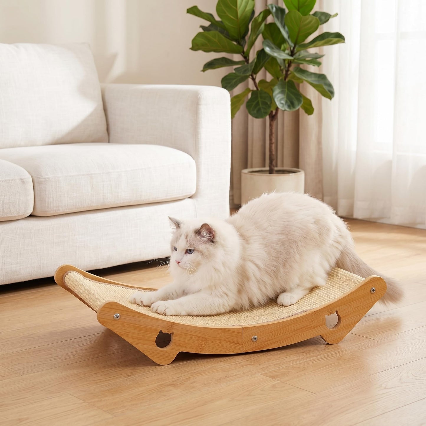 meenguo-pisa Cat Scratcher & Scratching Lounge, 3-in-1 Sisal Bed & Hammock for Indoor Cats, Wood Frame, Curved Lounge, Large 23.6x13.8in, Cat Furniture, 20 lbs